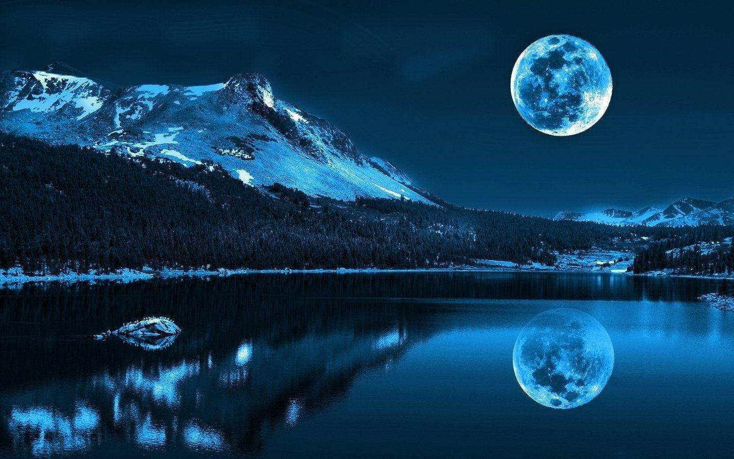 Natural Blue Aesthetic Lake With Full Moon Wallpaper