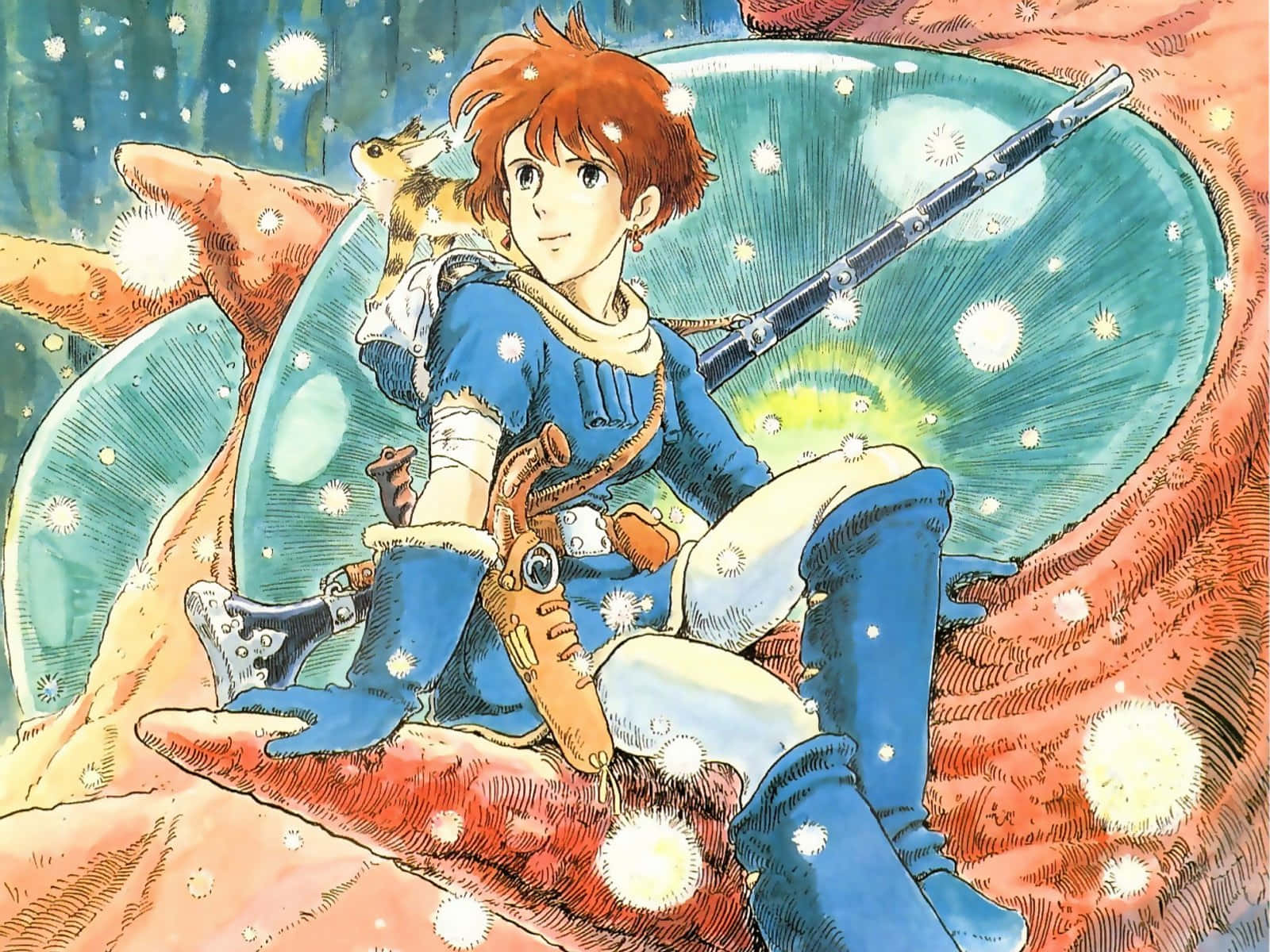 Nausicaä Soaring Through The Sky In Her Glider With The Valley Of The Wind In The Background Wallpaper