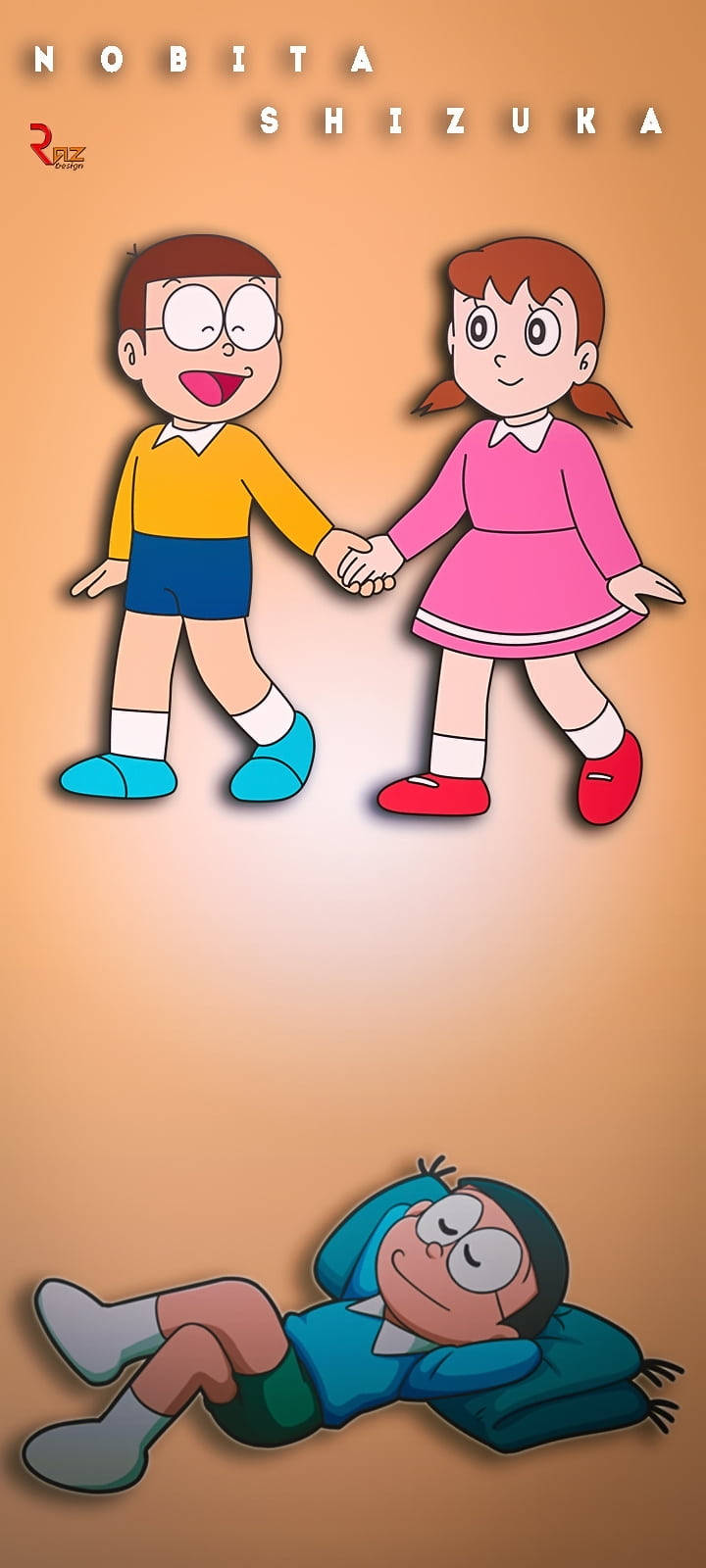 Nobita Shizuka Love Story Orange Backdrop Wallpaper