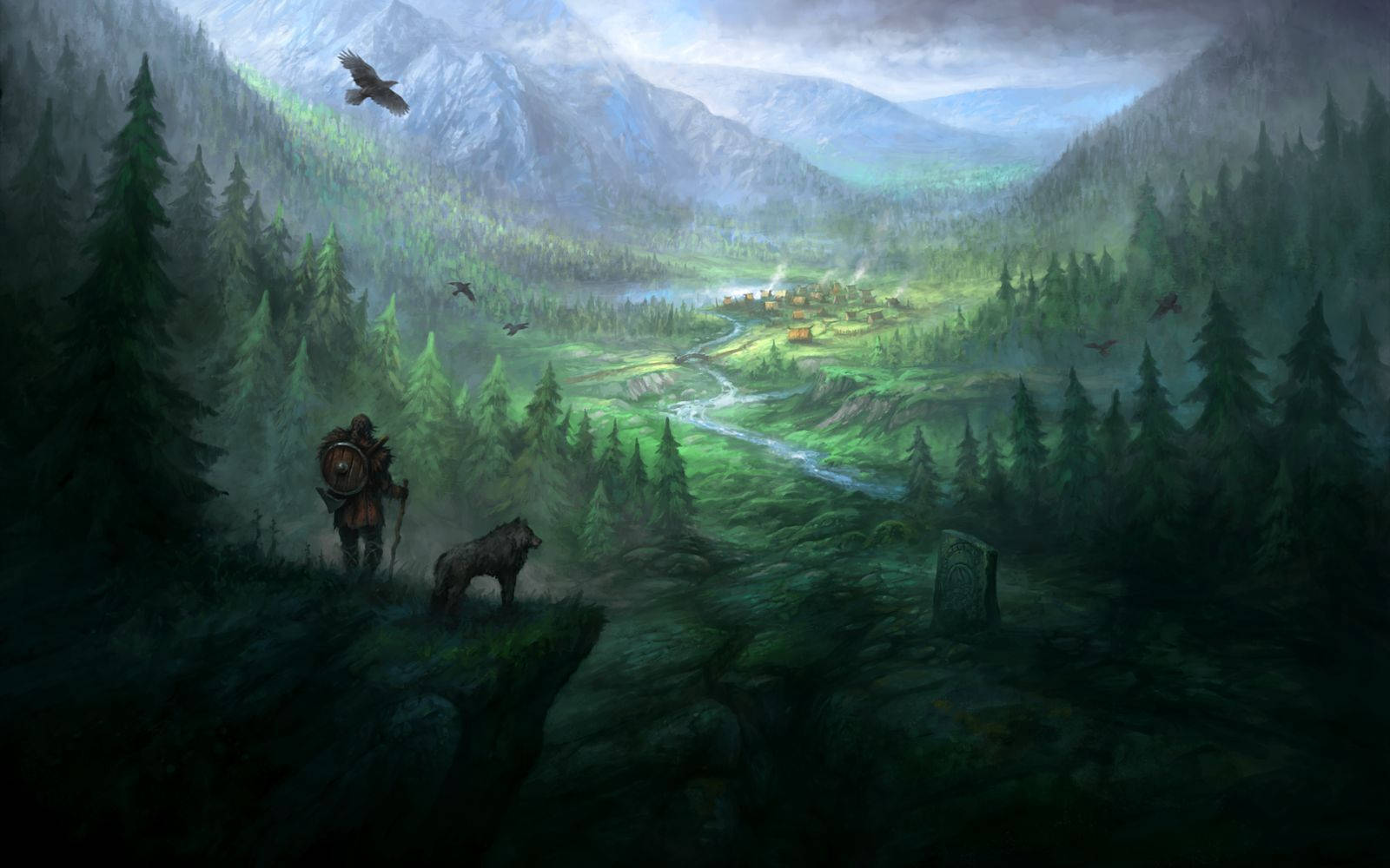 Norse And A Wolf On Grassland Wallpaper