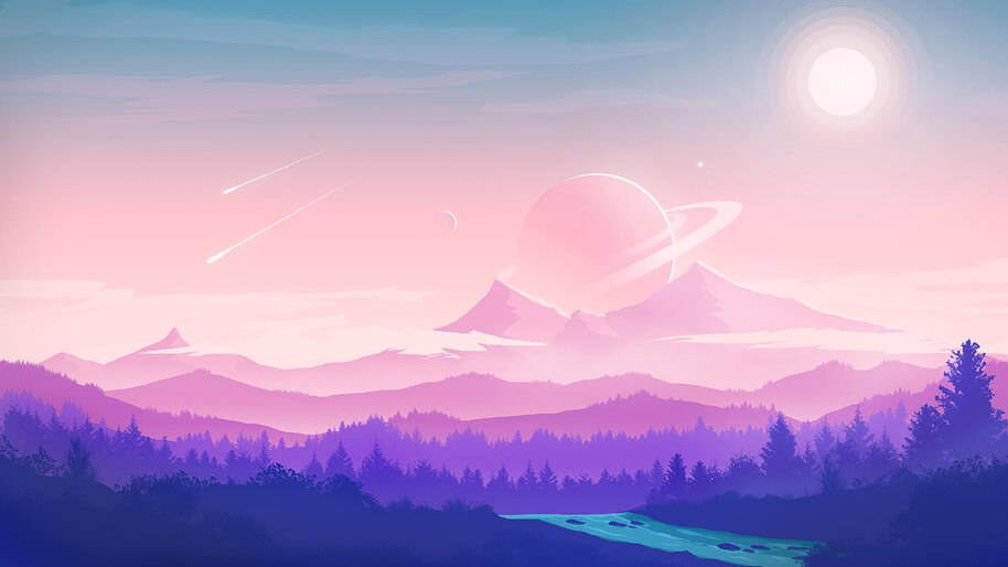 Pastel Sky And Planet Saturn 4k Flat Wallpaper