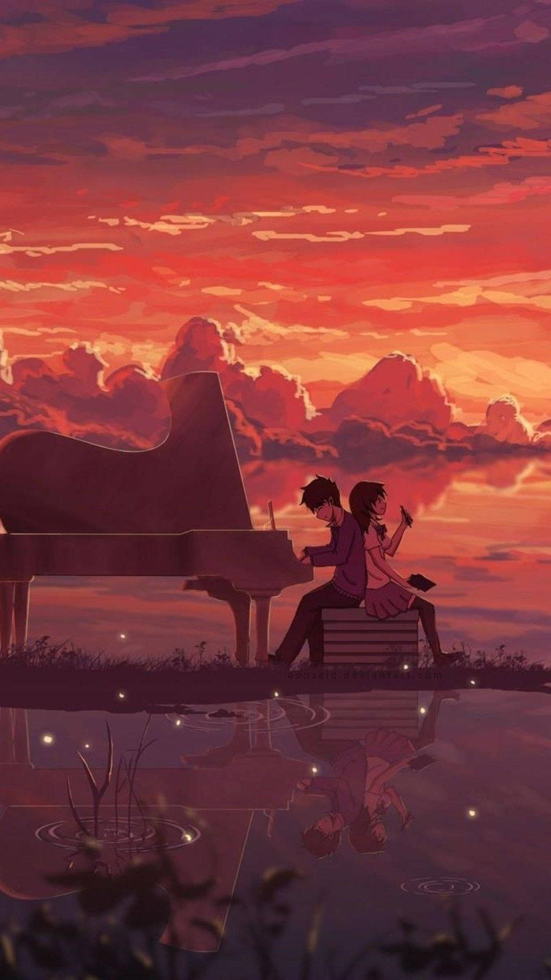 Piano By The Sunset Anime Phone Wallpaper