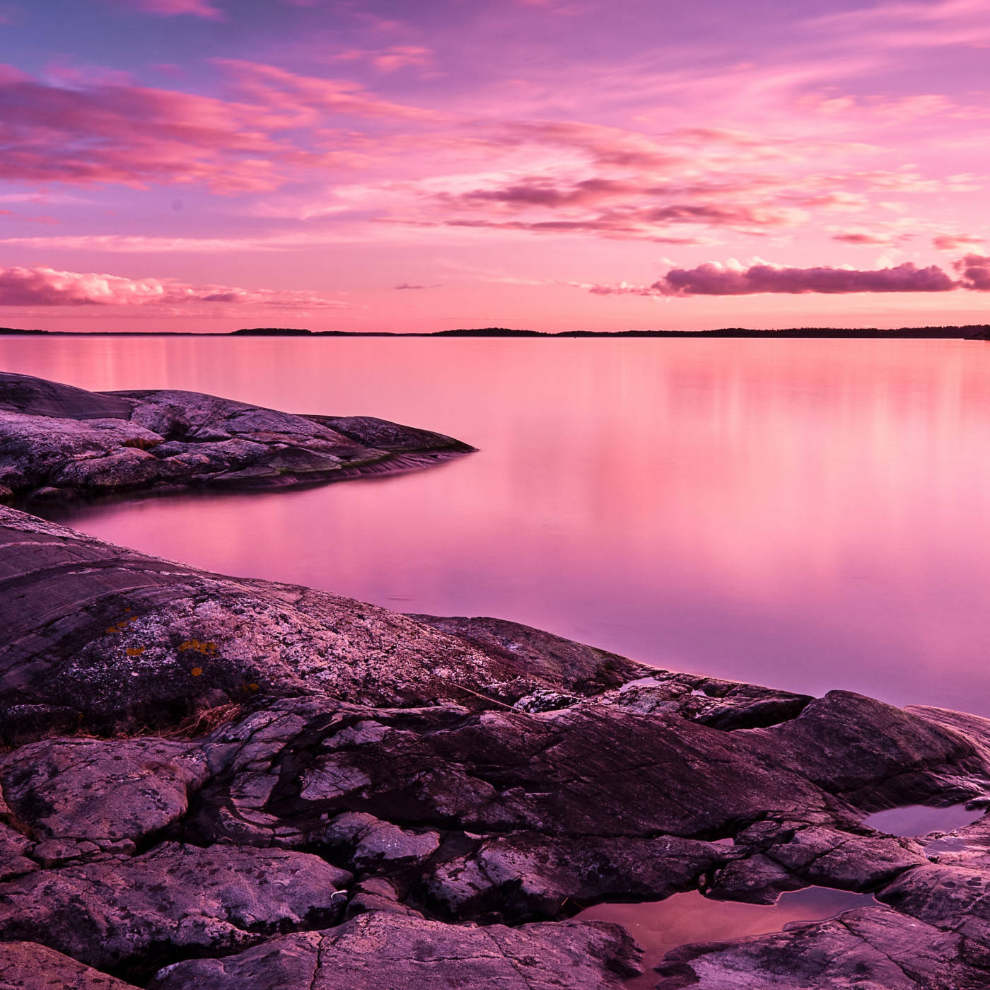 Pink Sunset Rocky Shore Wallpaper