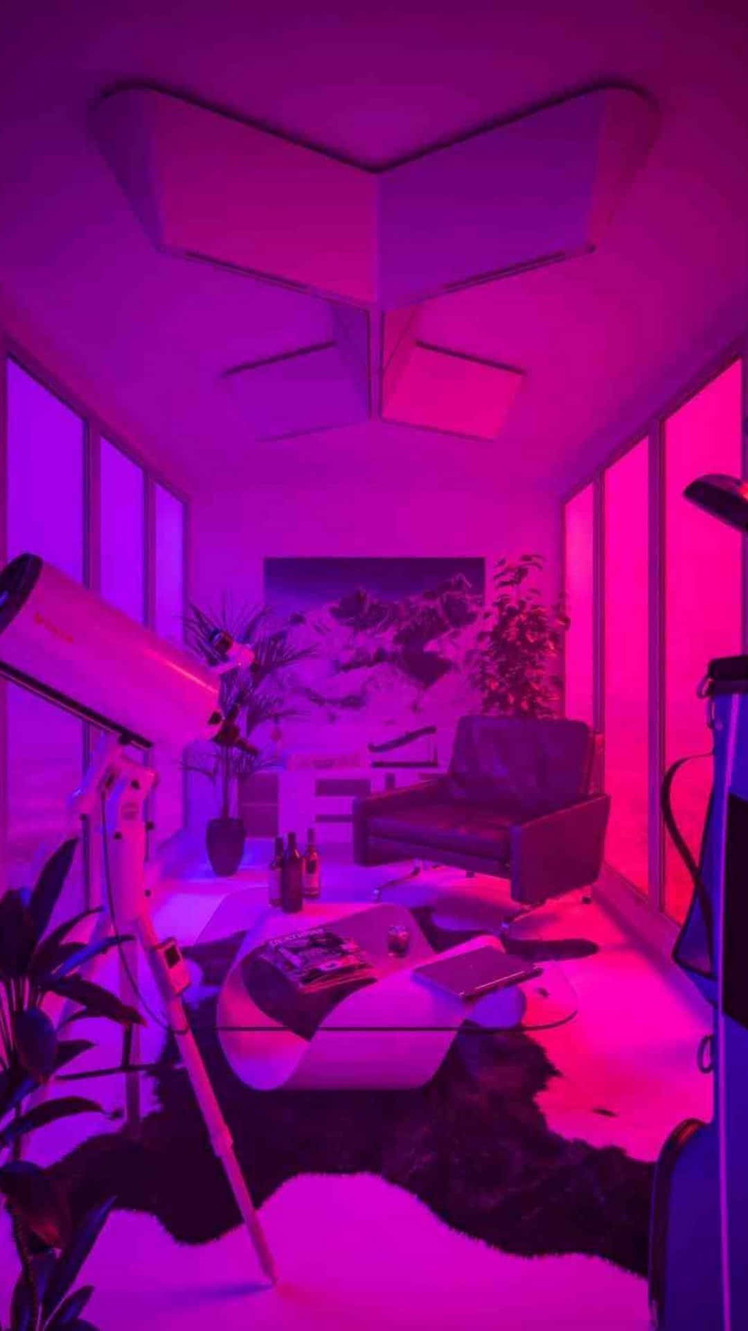 Pretty Purple Living Room With A Telescope Wallpaper