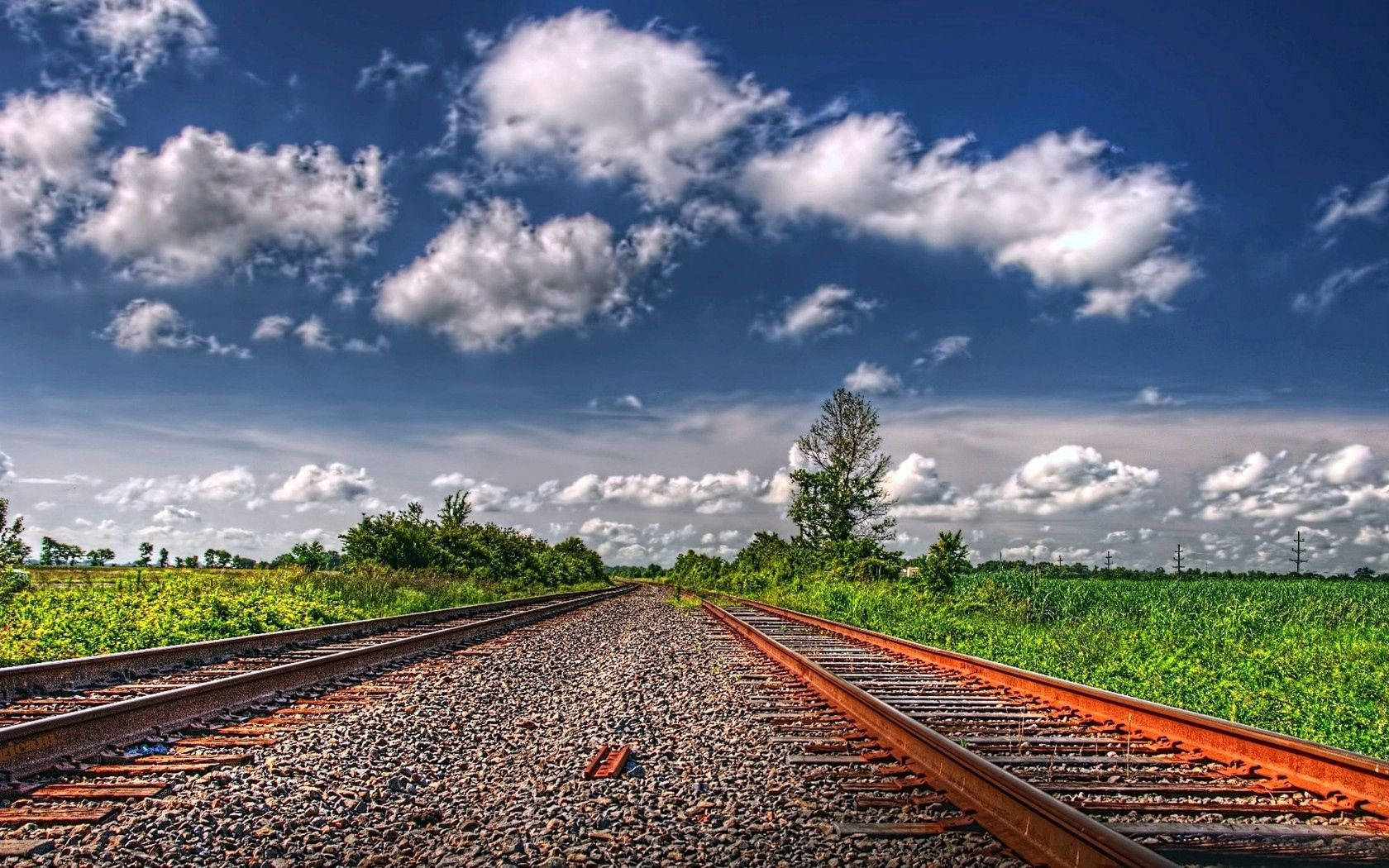 Rails, Cross Ties, Railway, Pebble, Sky, Field, Colors, Paints Wallpaper