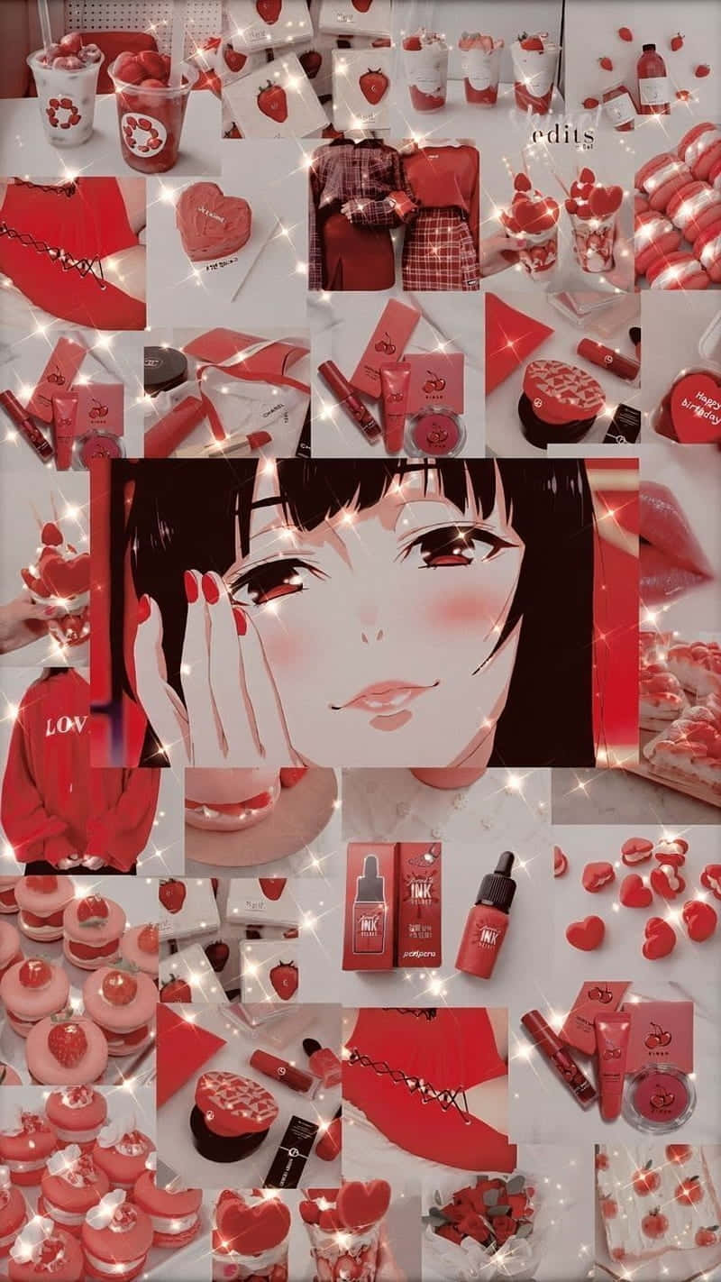 Red Aesthetic Collagewith Anime Girl Wallpaper