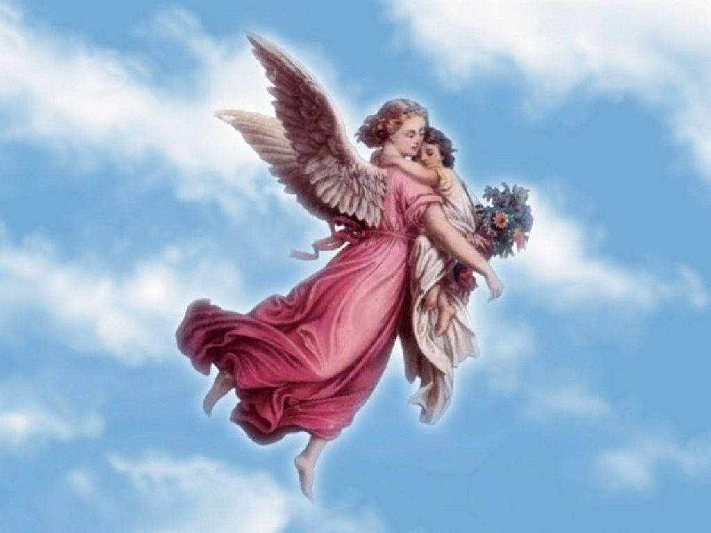 Red Dress Angels In Heaven Hugging Child Wallpaper