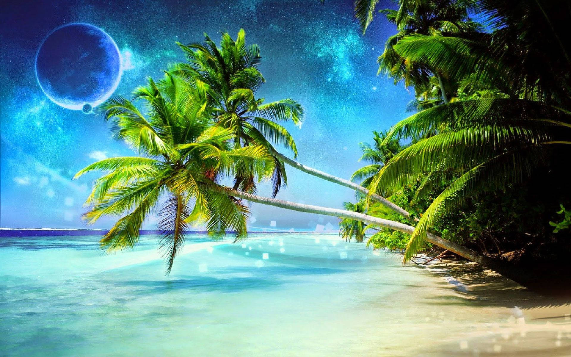 Relaxing On A Sunny Beach Surrounded By 3d Coconut Trees Wallpaper