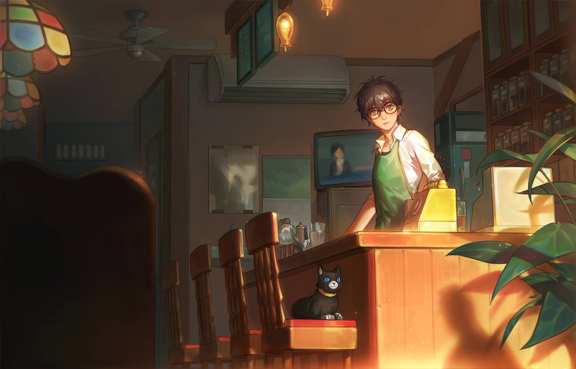 Ren Amamiya In Cafe Wallpaper
