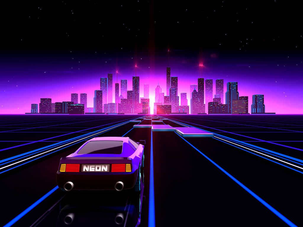 Retro 80s Neon City Car Wallpaper