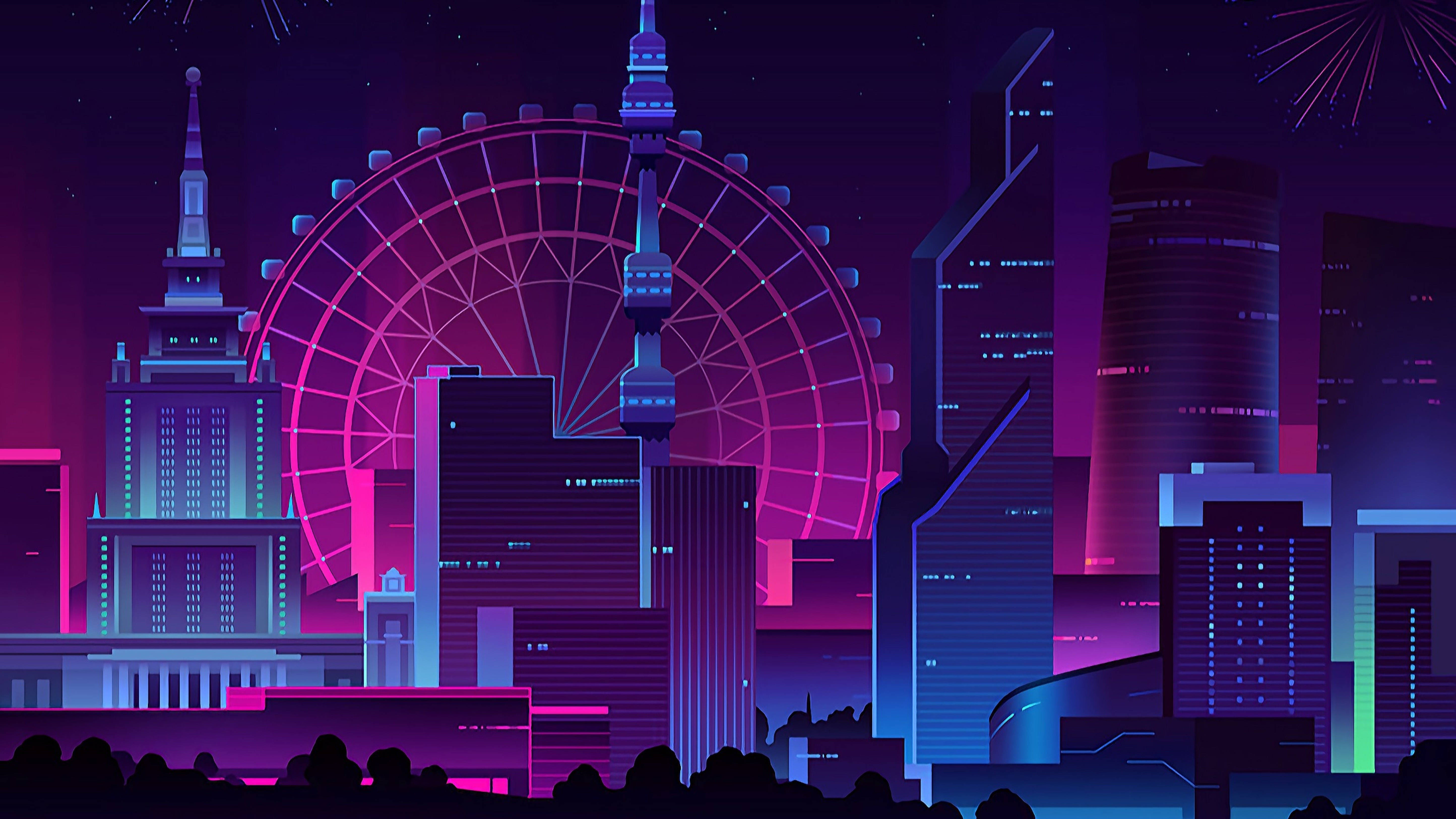 Retro Dark Skyline Buildings Ferris Wheel Wallpaper