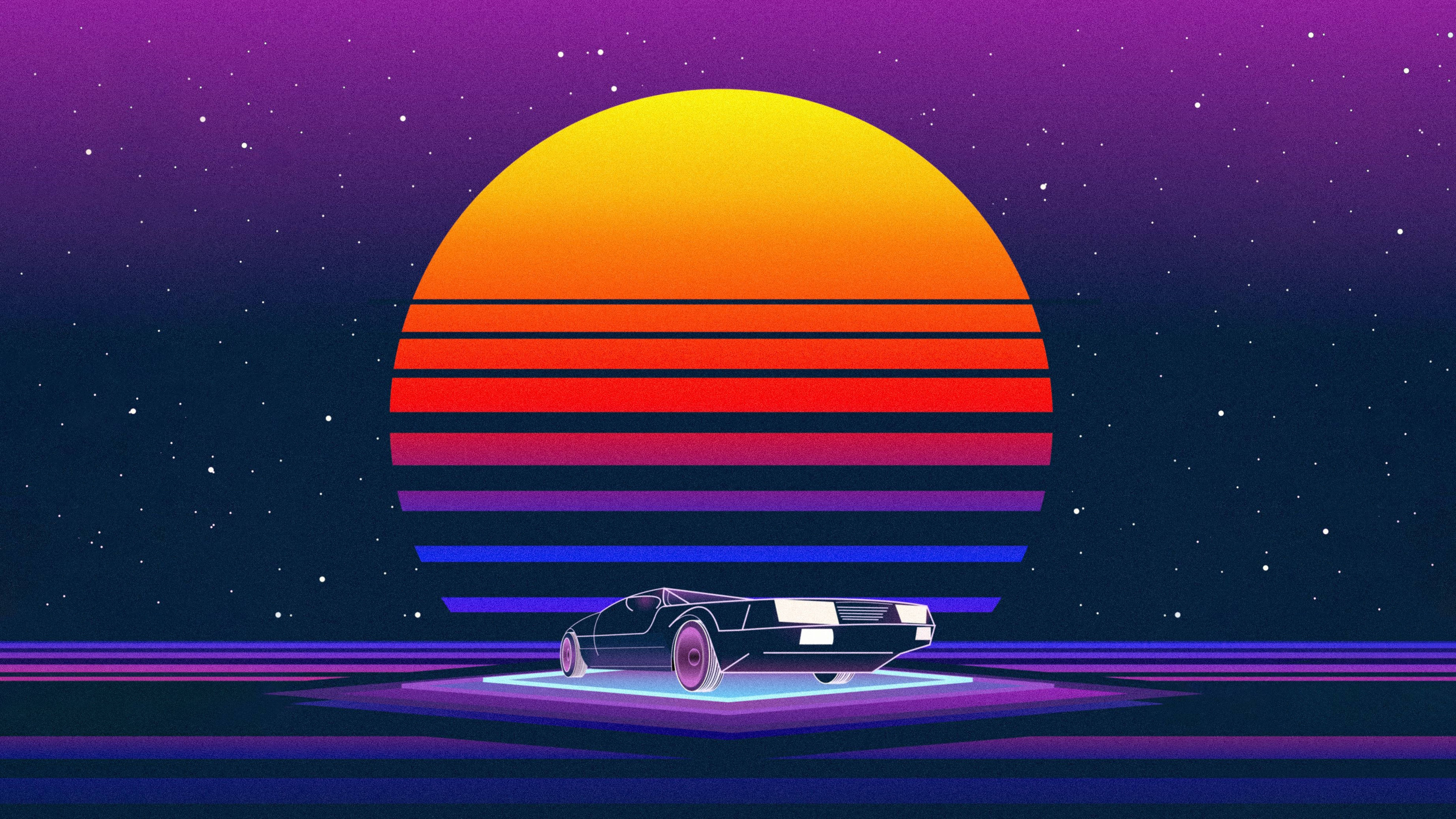 Retro Futuristic Black Car Sun Night 4k Wallpaper