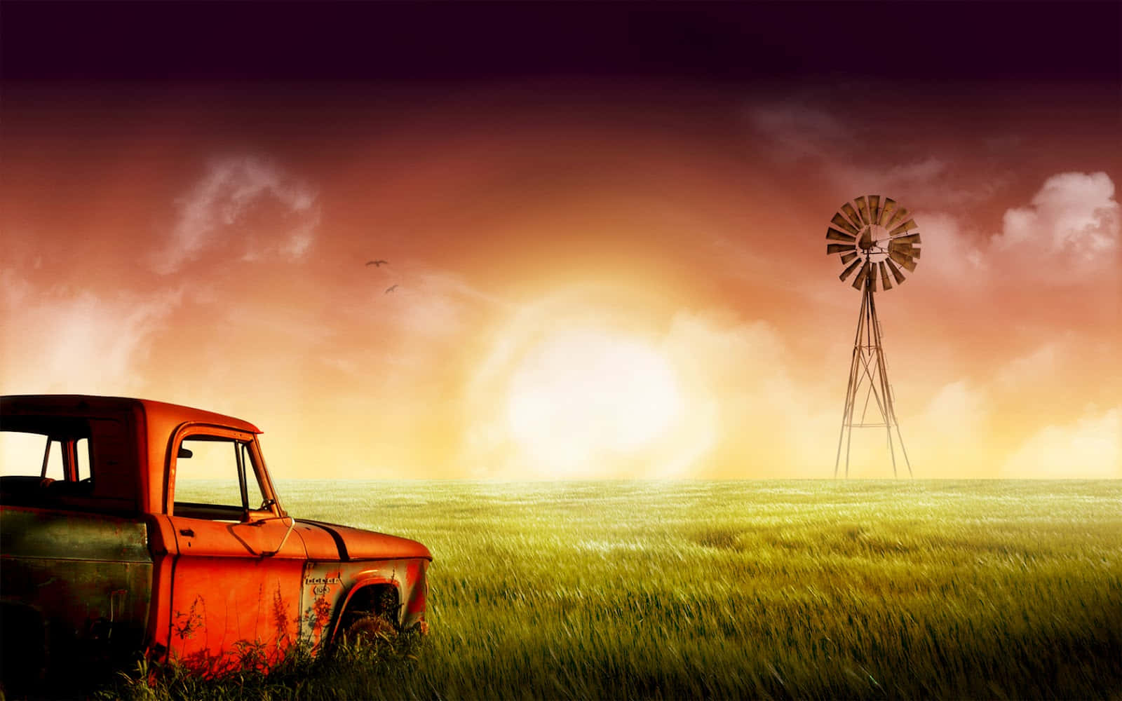 Retro Red Car And Windmill Cute Country Wallpaper