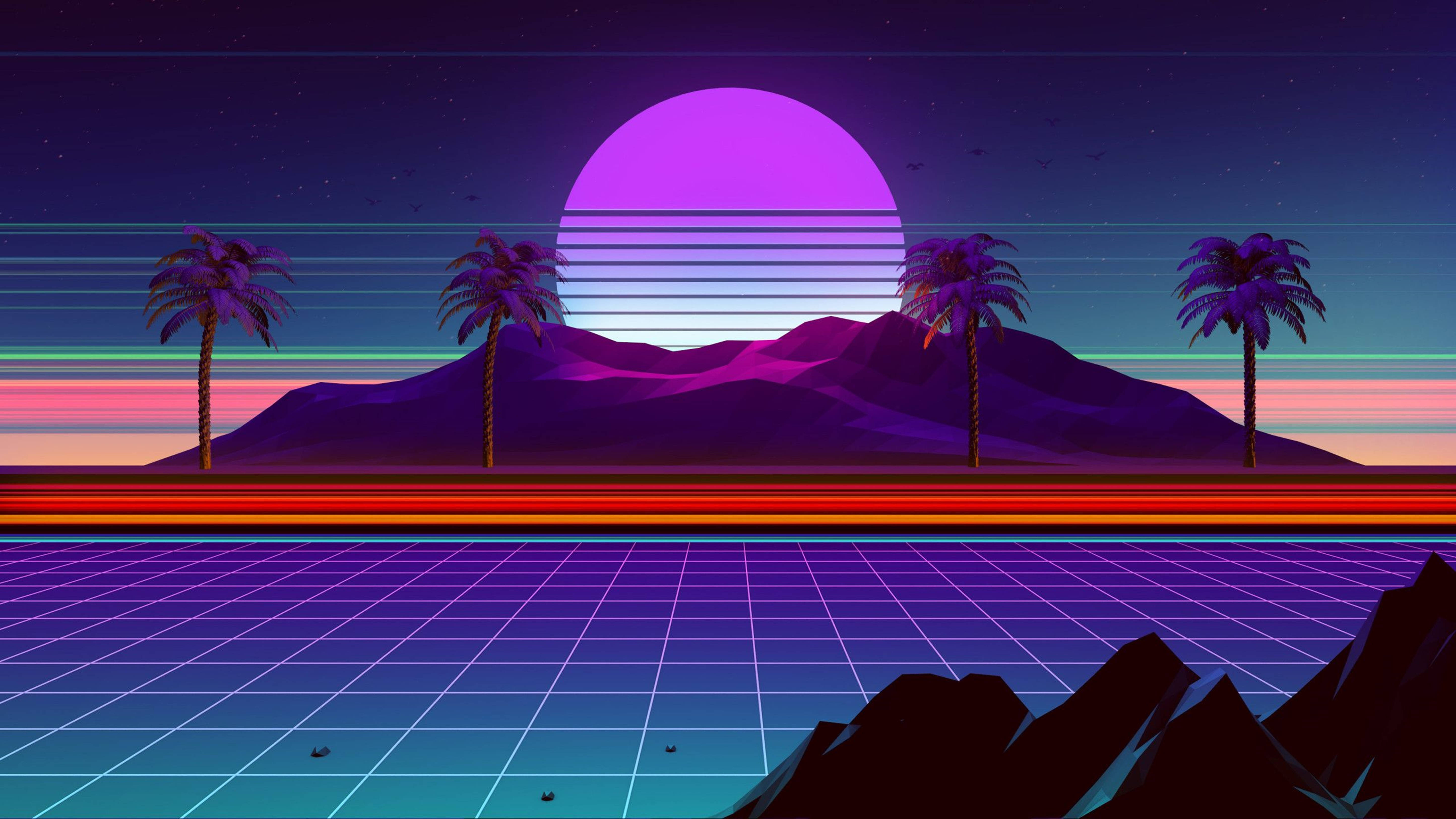 Retro Synthwave Island Mountain Sunset 4k Wallpaper