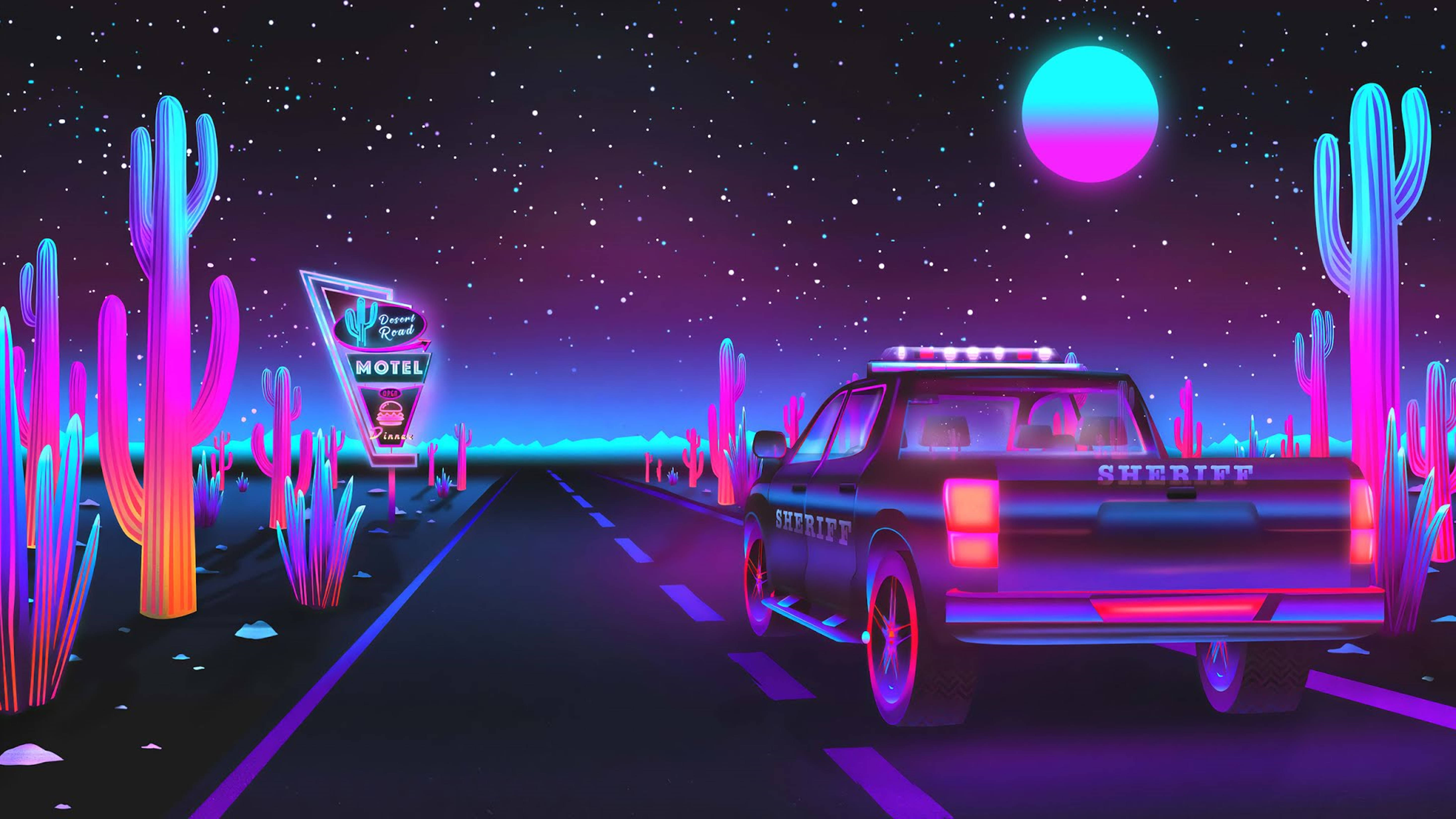 Retrowave Car On Desert Road Cactus 4k Wallpaper