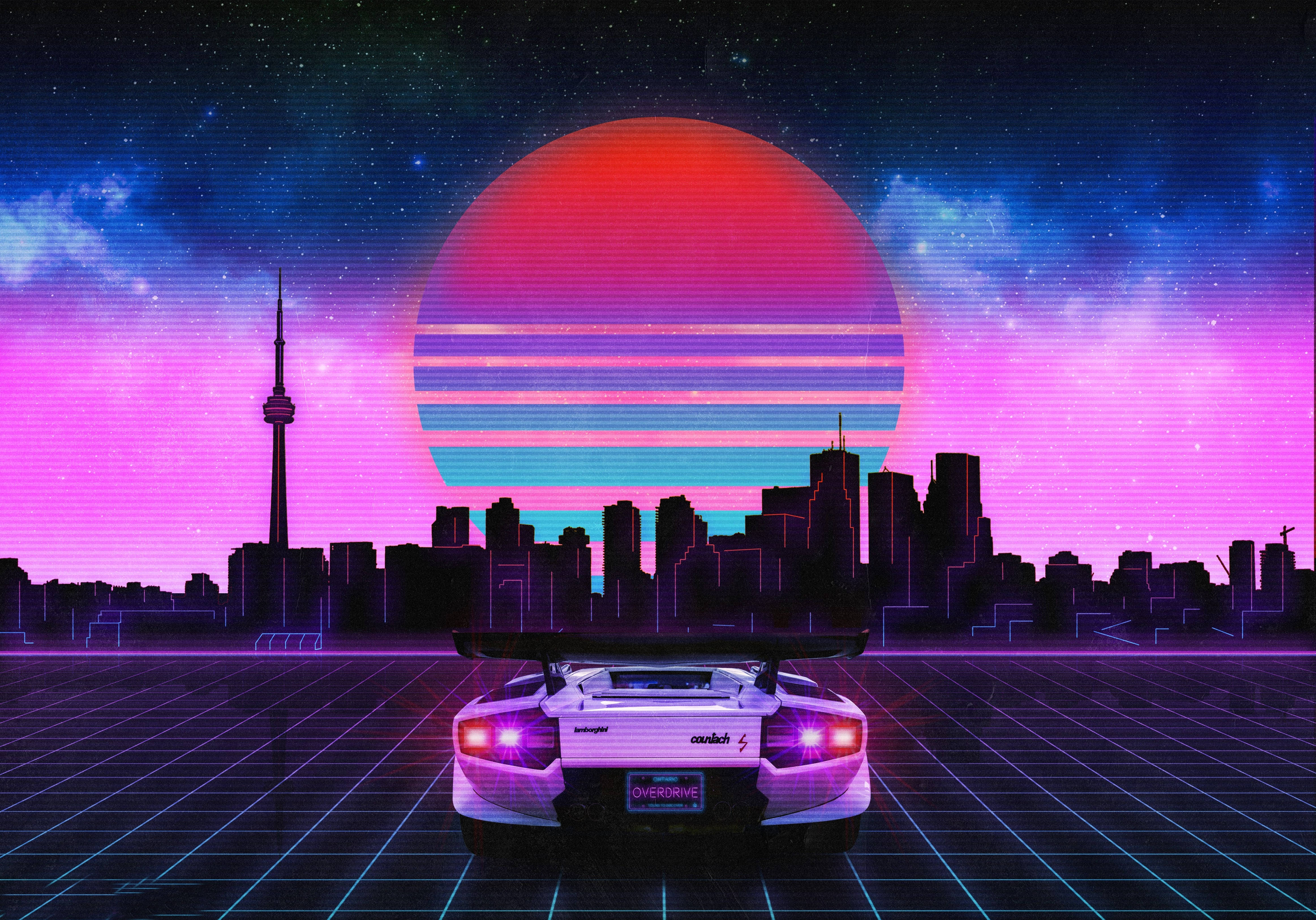 Retrowave Sports Car Cityscape 4k Wallpaper