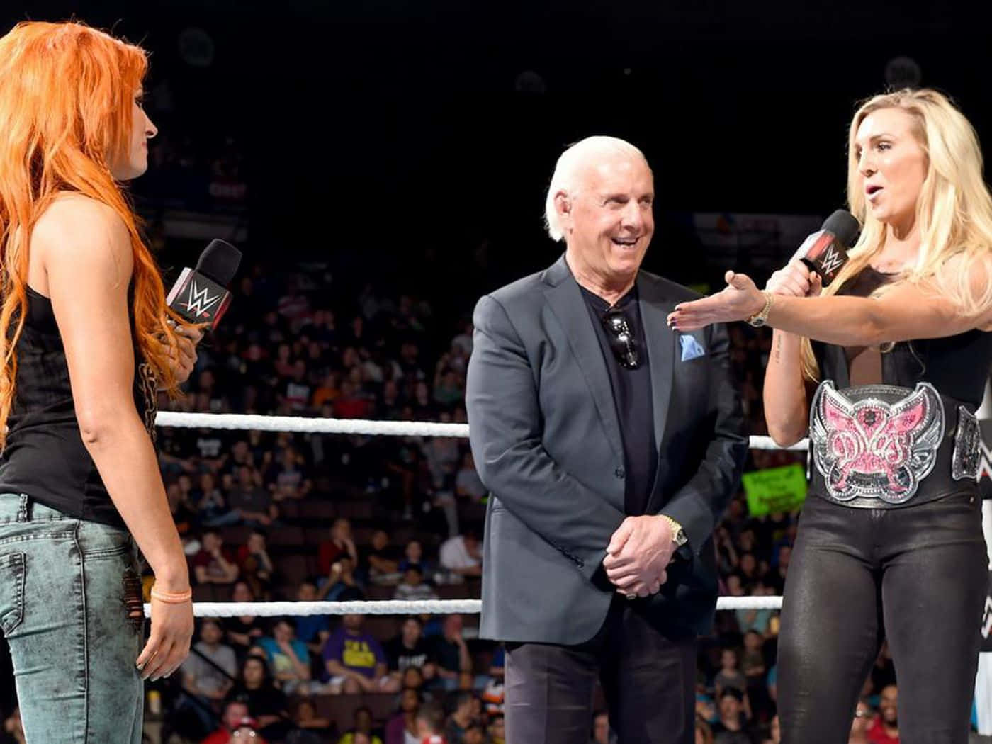 Ric Flair With Charlotte Flair And Becky Lynch Wallpaper