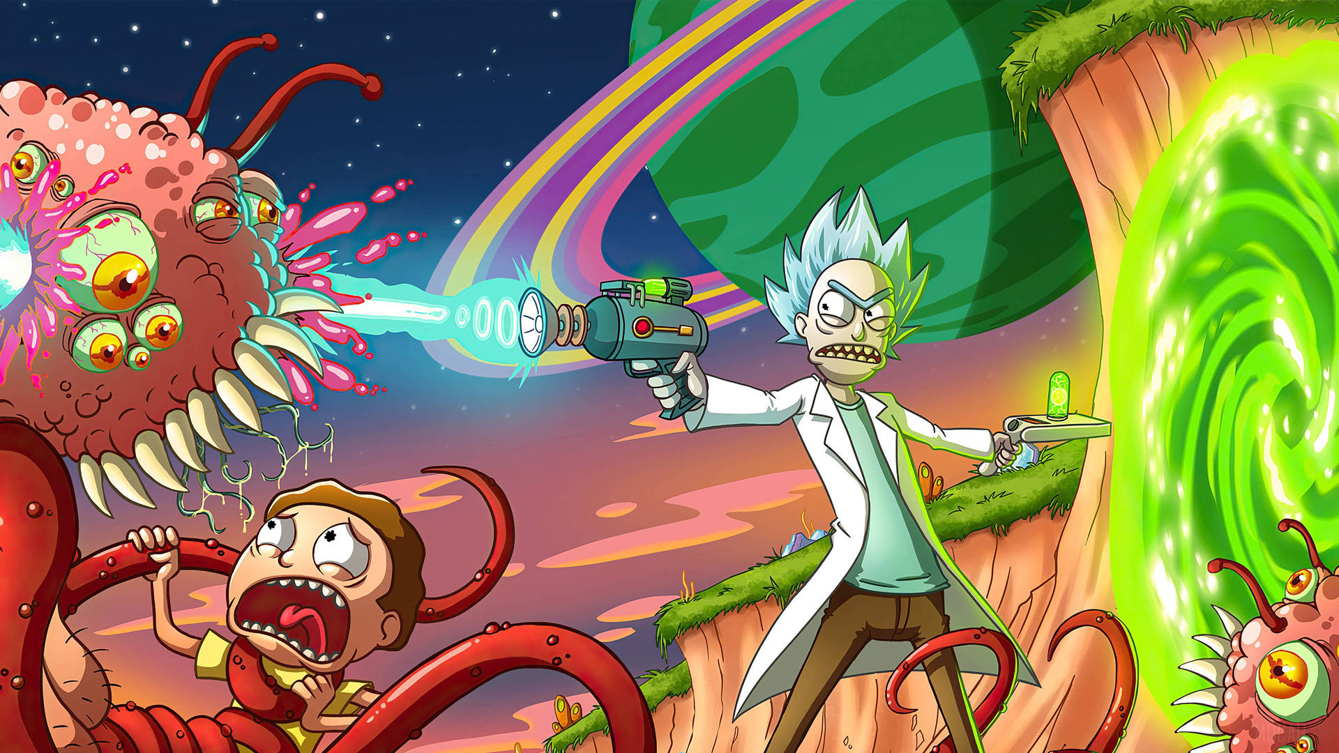 Rick And Morty Cool Battle Against Aliens Wallpaper