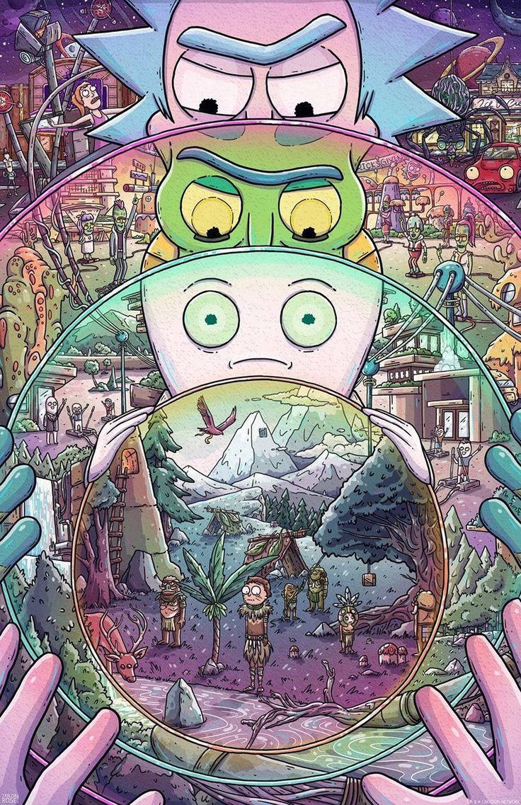 Rick And Morty Looking Across Worlds Wallpaper