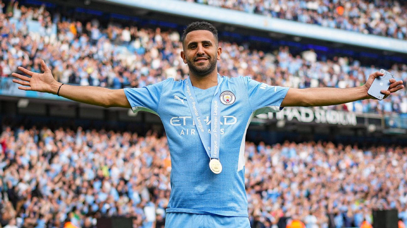 Riyad Mahrez Celebrating With His Champion Medal Wallpaper