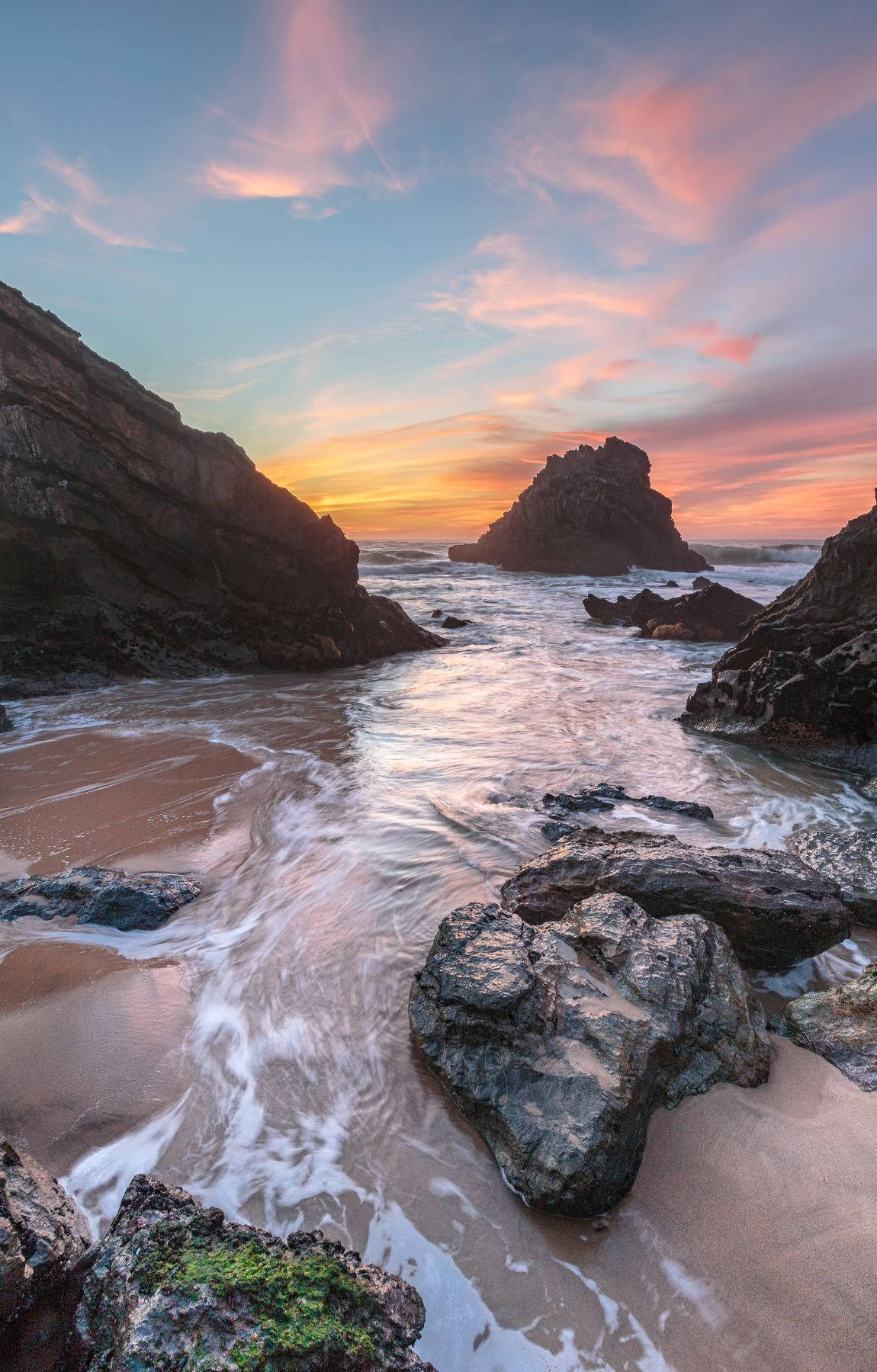 Rock Formation On Beach Sunrise Wallpaper