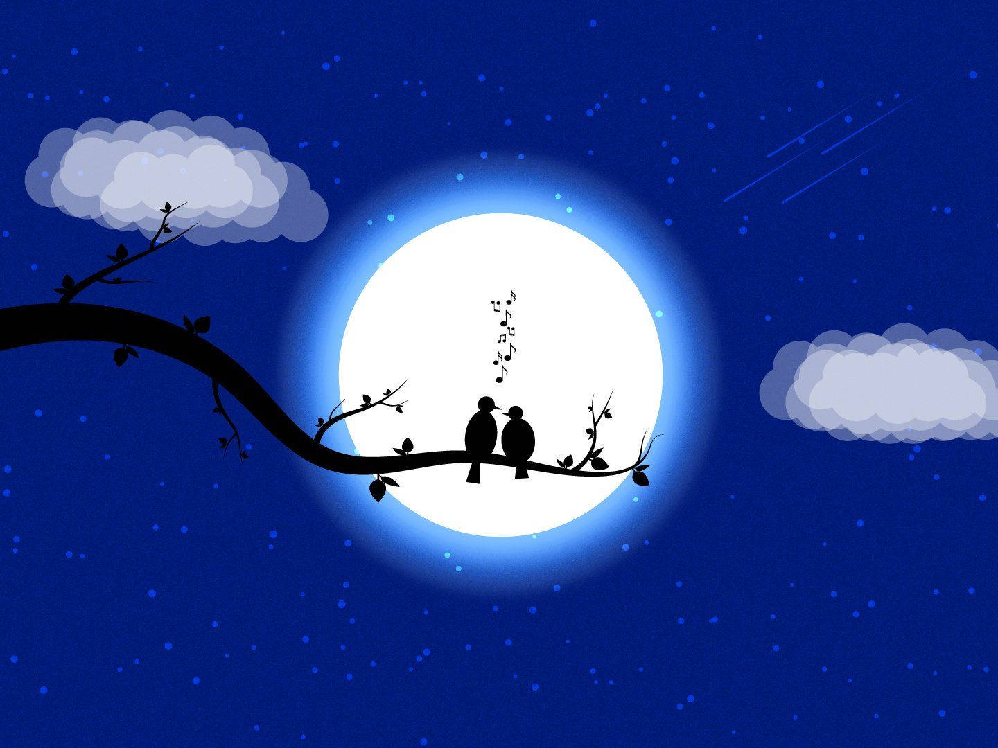 Romantic Birds And A Moon Wallpaper