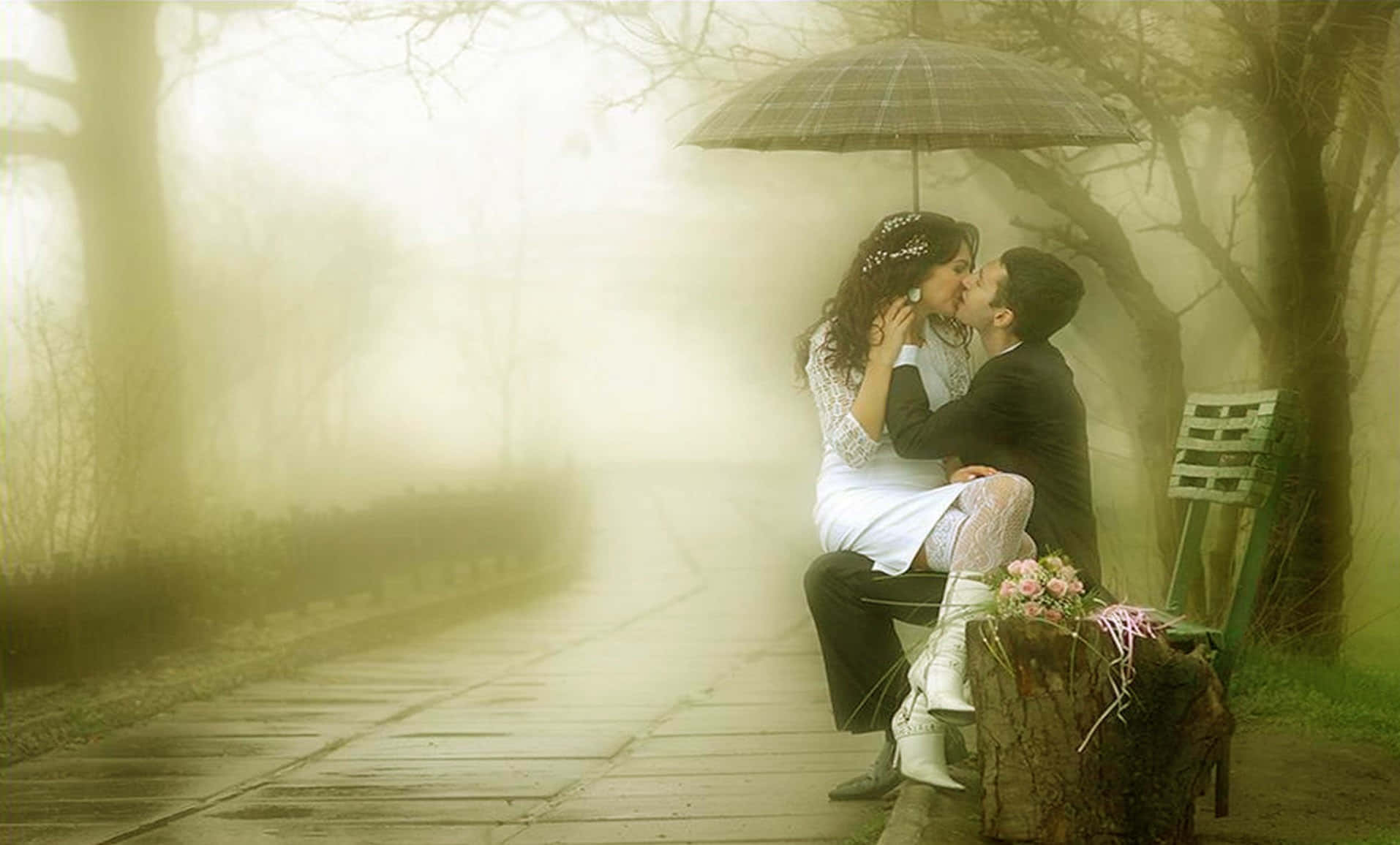 Romantic Kiss In Rain Wallpaper