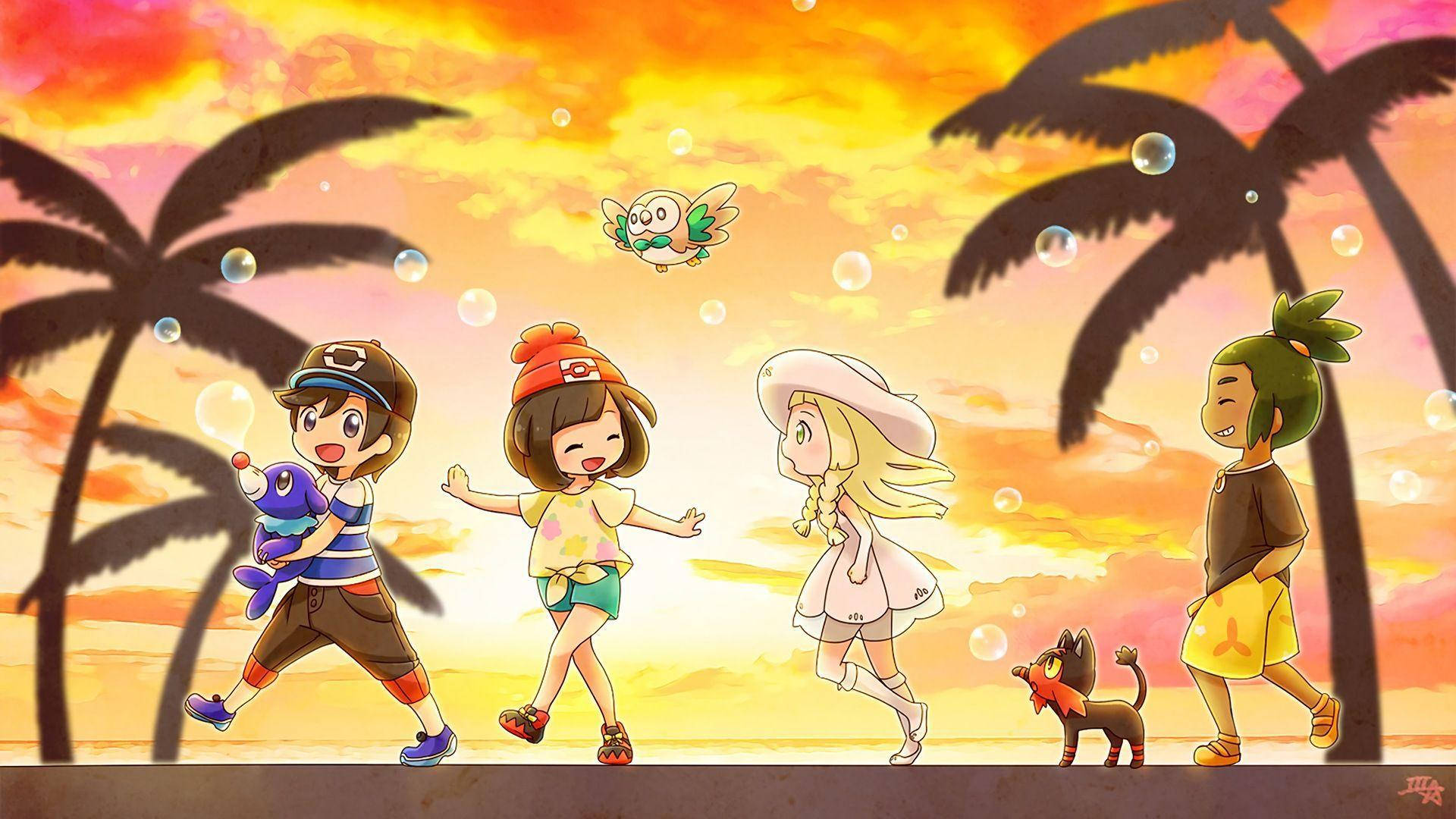 Rowlet Flying Above Alola Friends Wallpaper