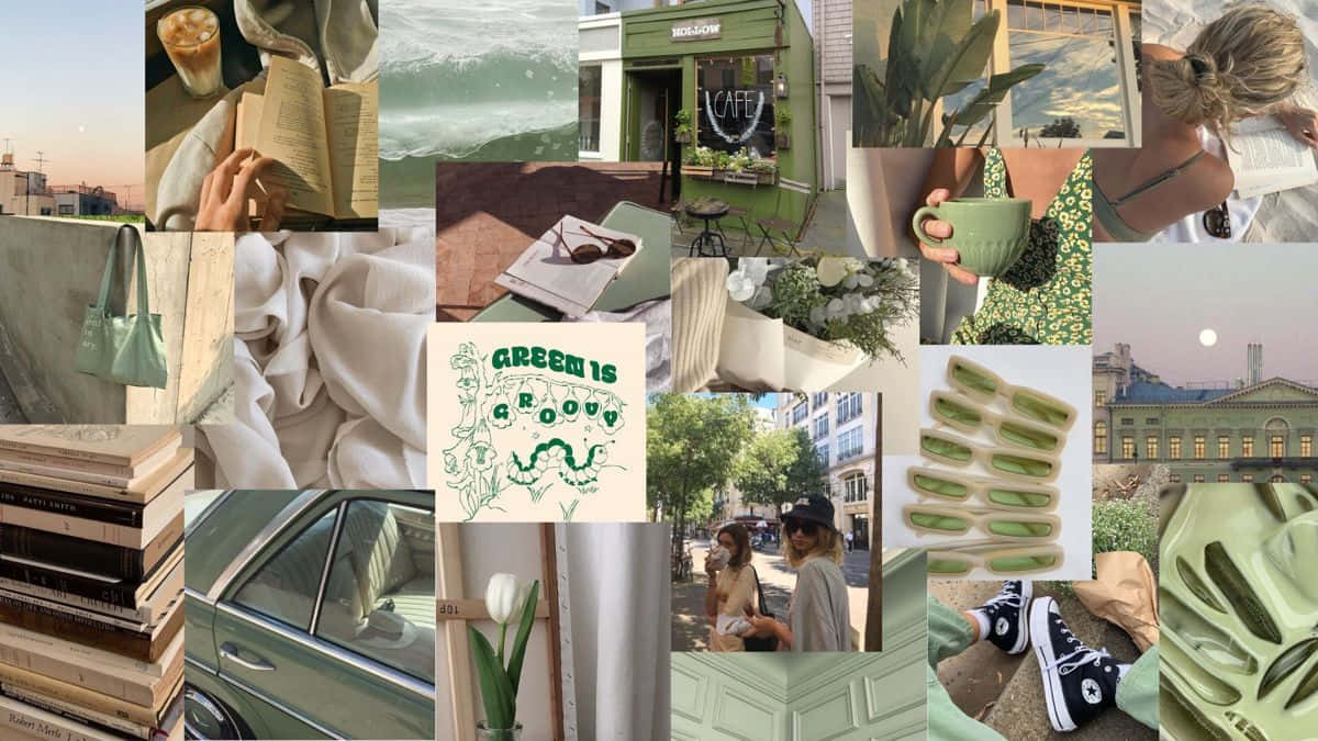 Sage Green Laptop Collage Display Wallpaper