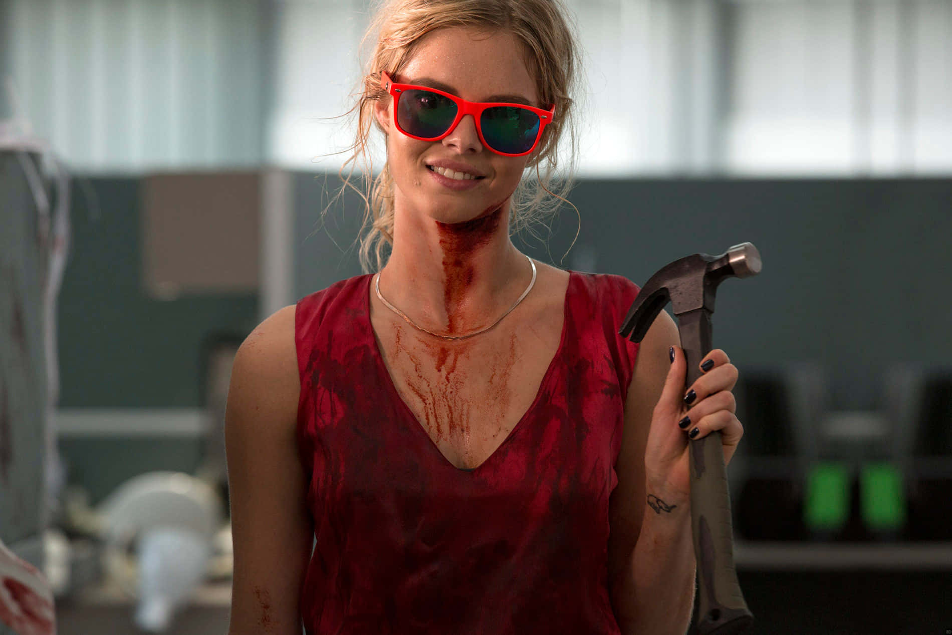 Samara Weaving Bloody Hammer Scene Wallpaper