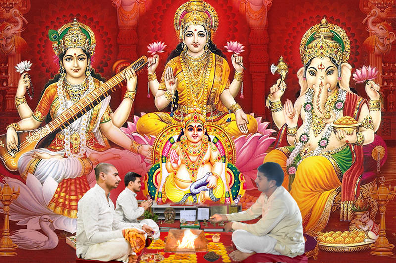 Saraswathi, Ganesh, And Lakshmi Wallpaper