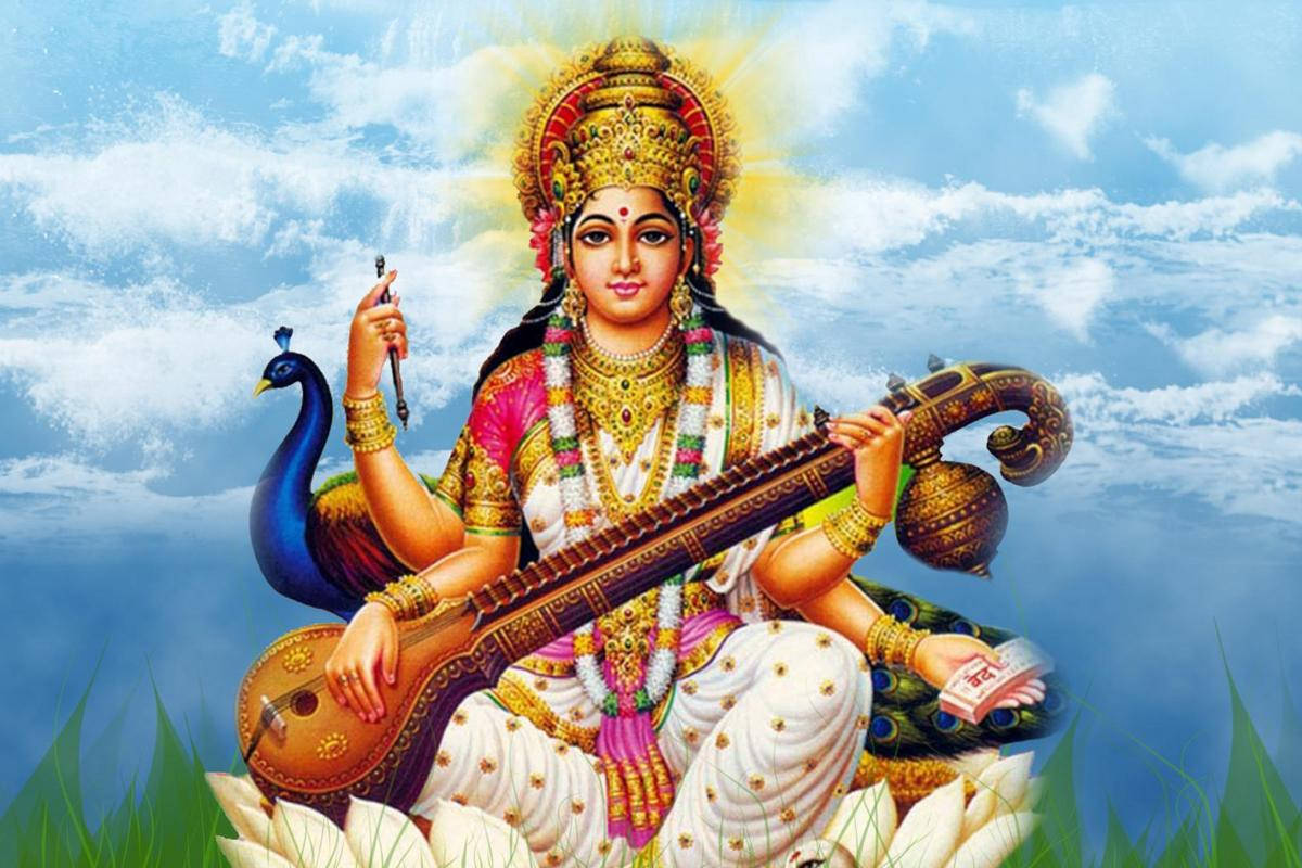 Saraswati Mata Cloudy Sky Wallpaper