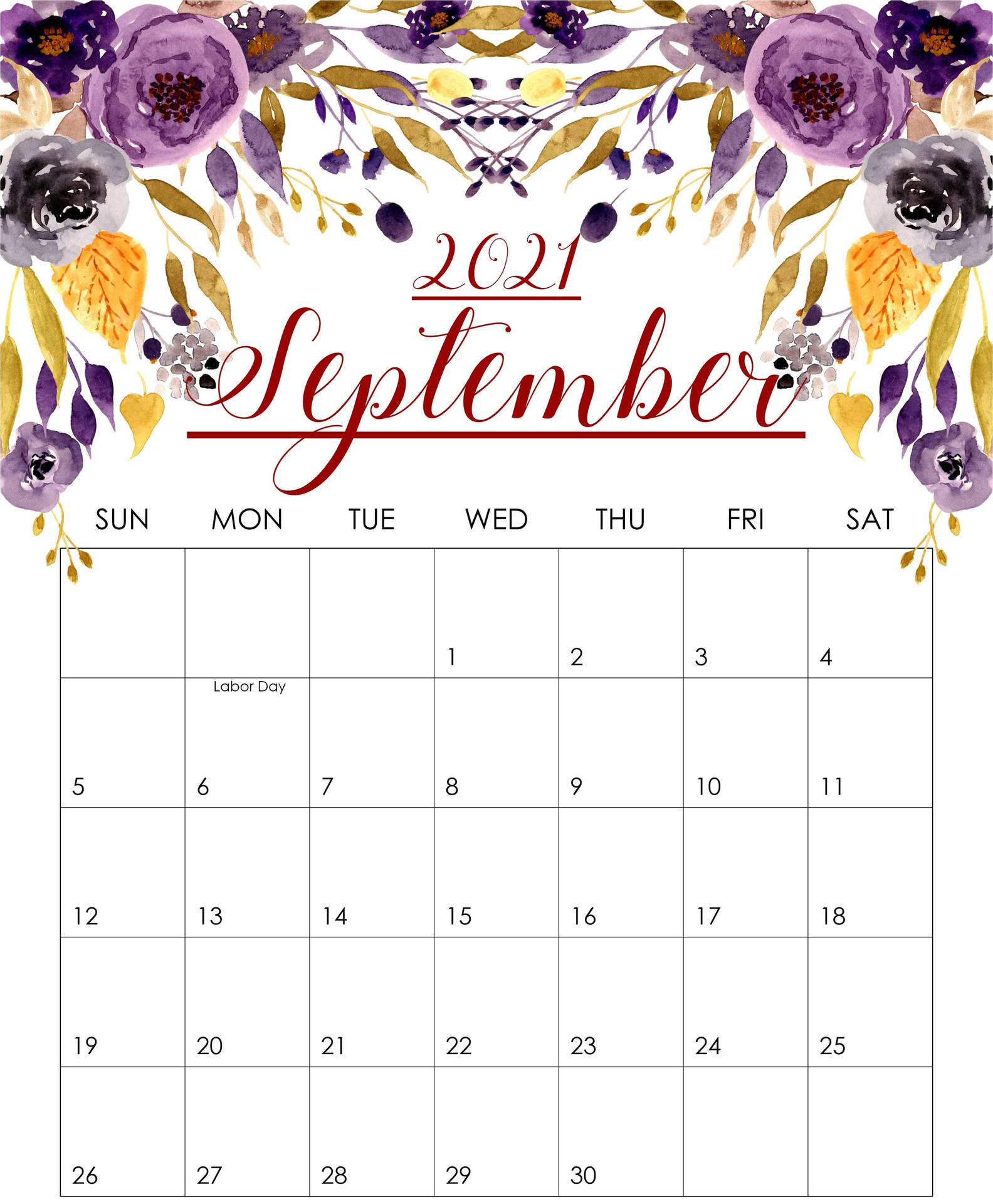 September 2021 Purple Flowers Calendar Wallpaper