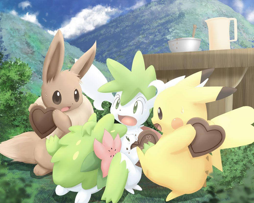 Shaymin Playing Pikachu Eevee Wallpaper