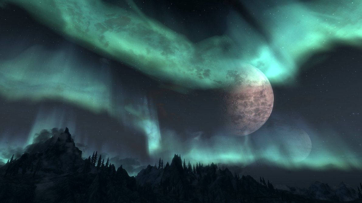 Skyrim Aurora Borealis Moon Wallpaper