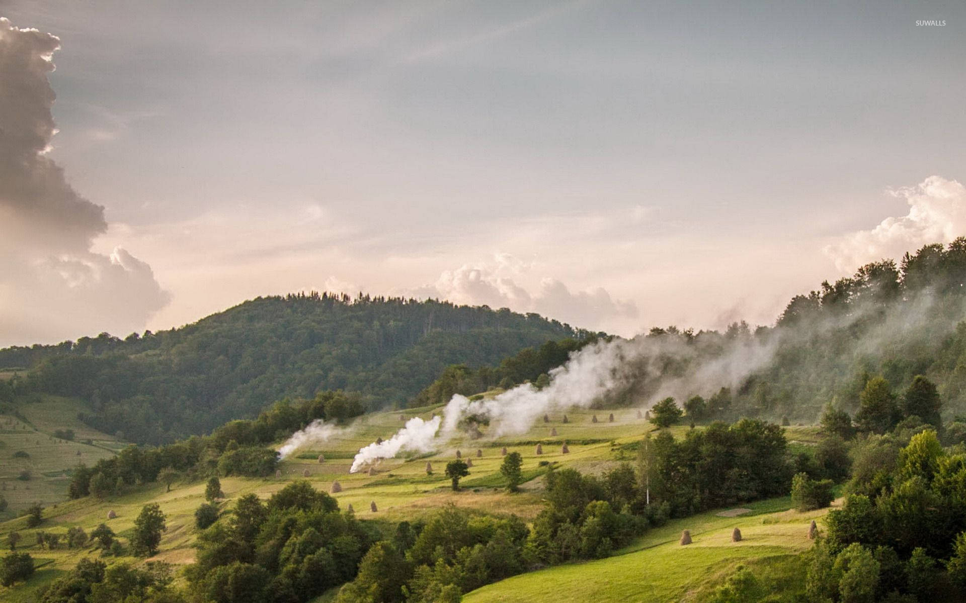 Smoky Mountains Green Fields White Smoke Wallpaper