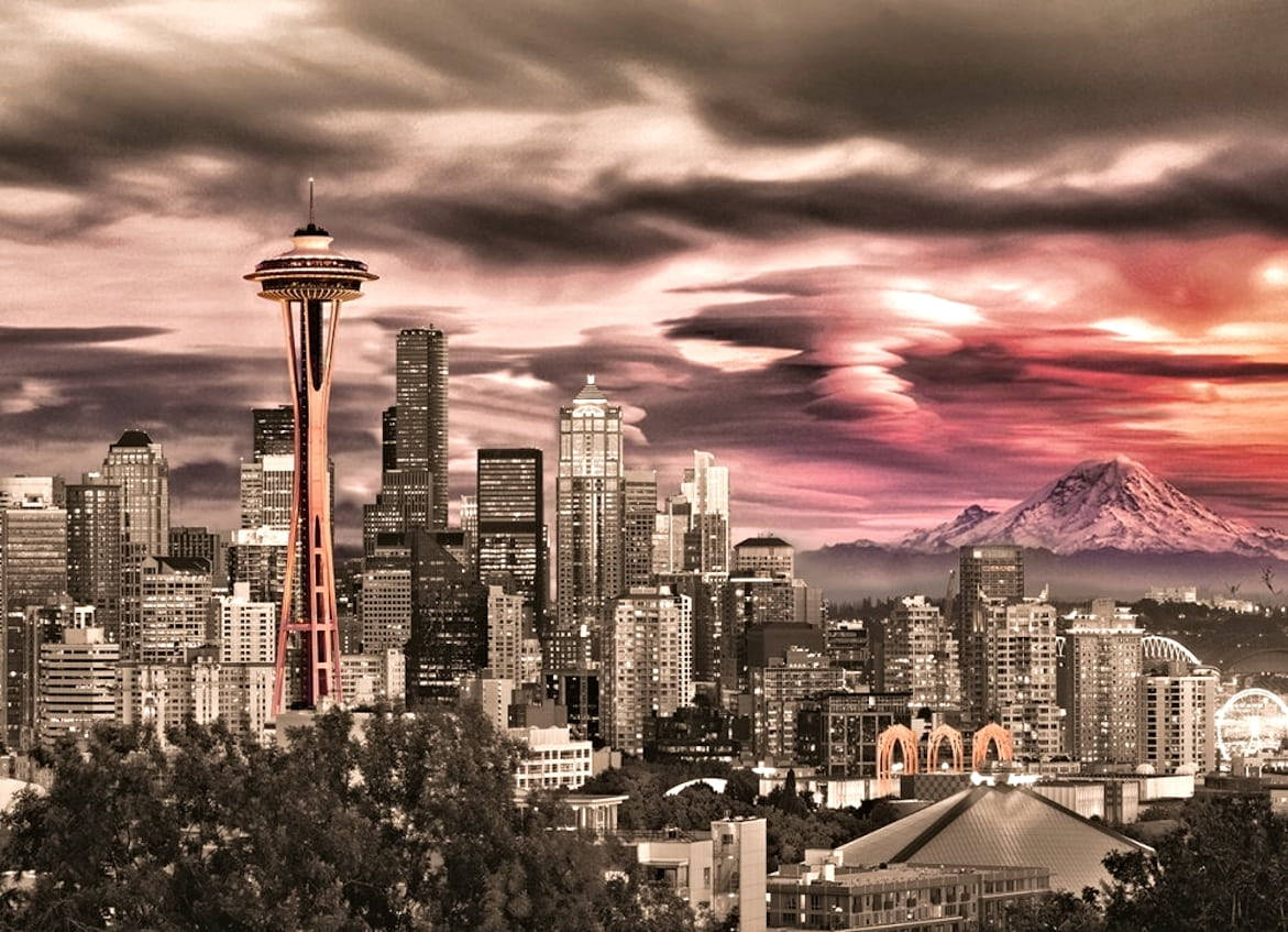 Space Needle Dark Pink Sky Wallpaper