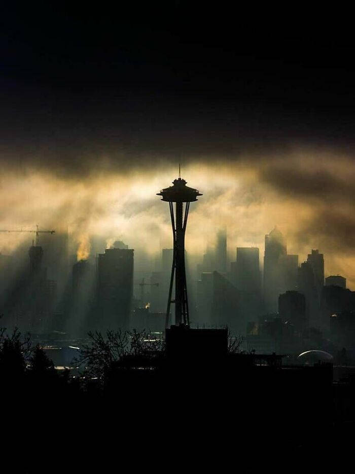 Space Needle Silhouette Seattle Rain Clouds Wallpaper