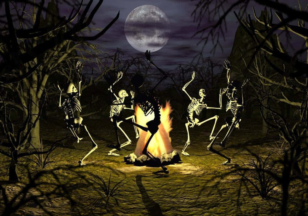 Spooky Halloween Skeleton Emerging From The Ground Wallpaper