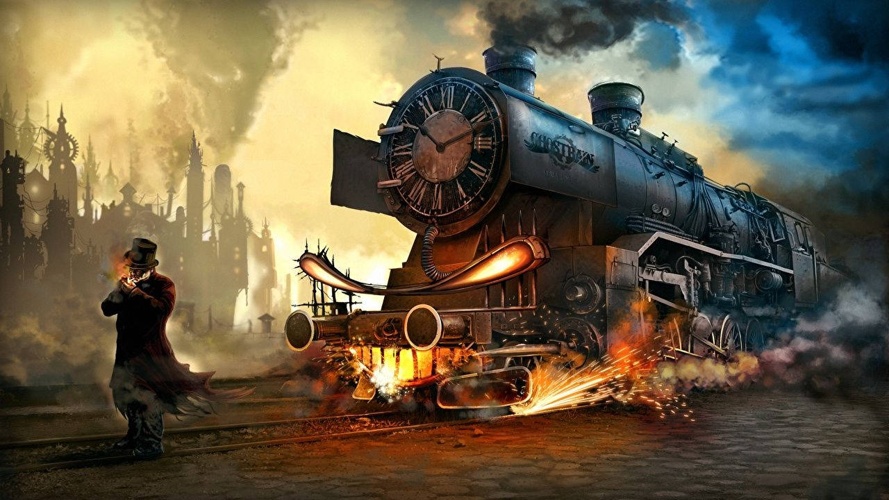 Steampunk Man And Train Wallpaper