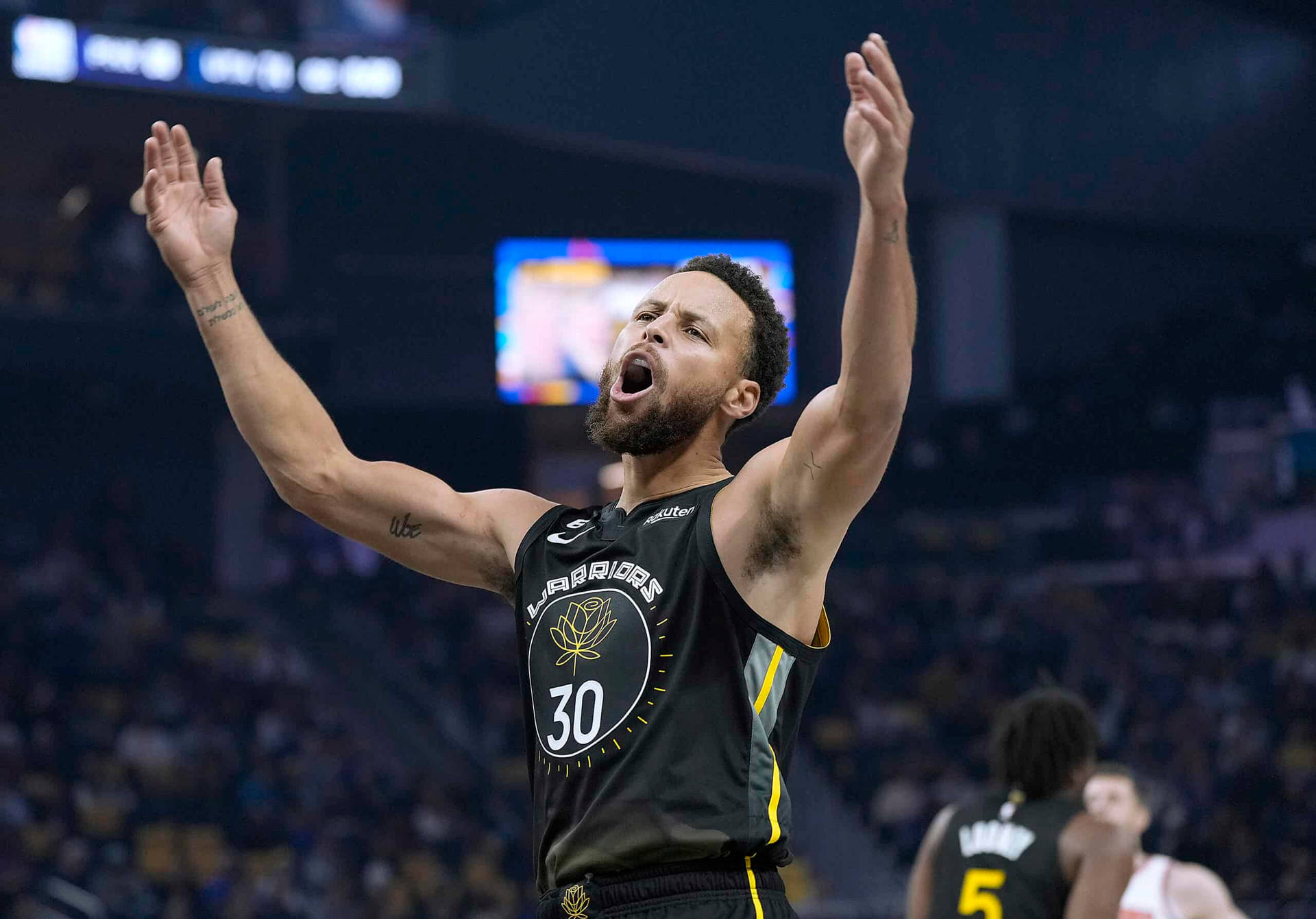 Steph Curry Celebrating With Arms Up Wallpaper