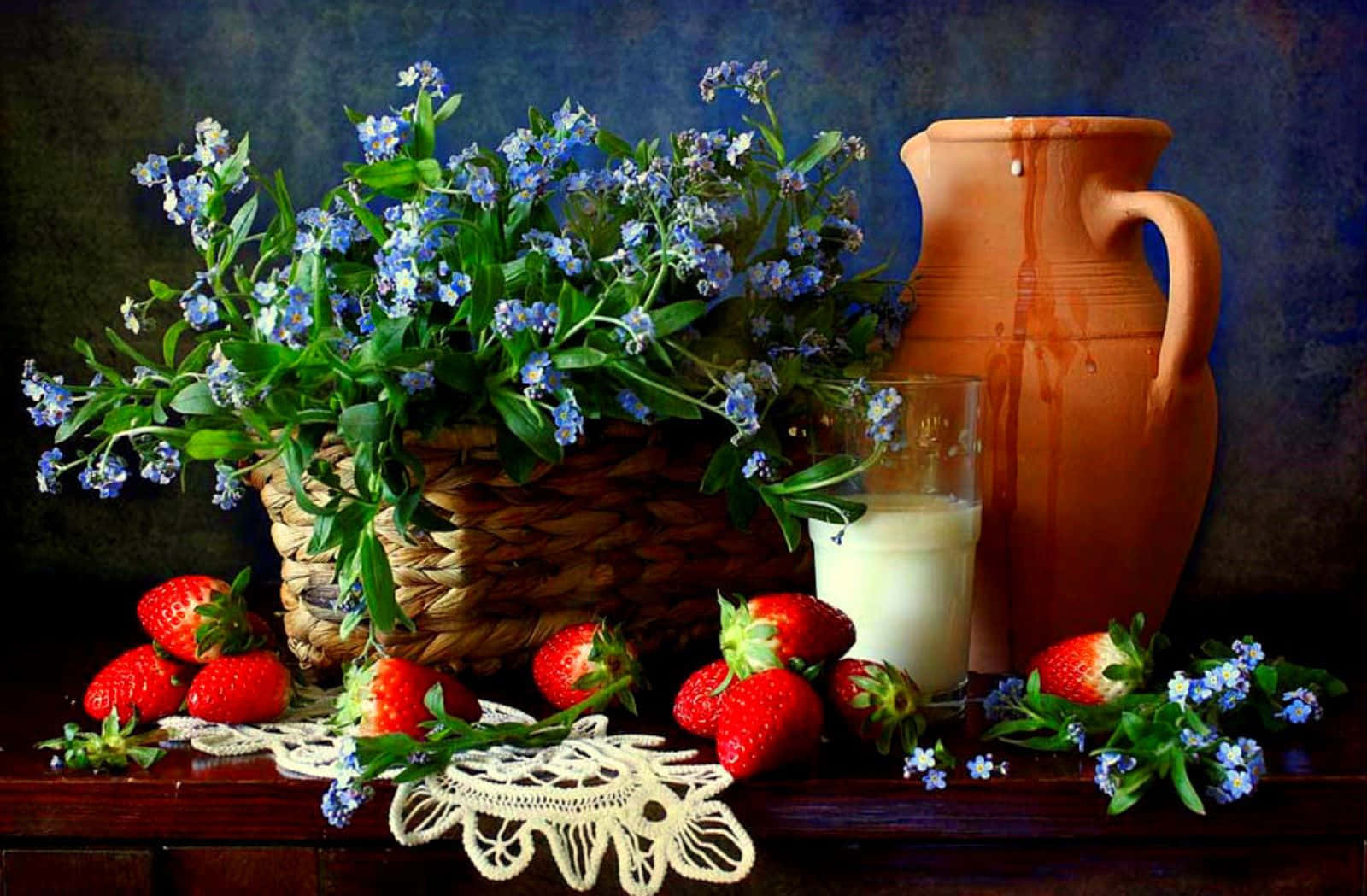 Strawberry Flowers Still Life Art Wallpaper