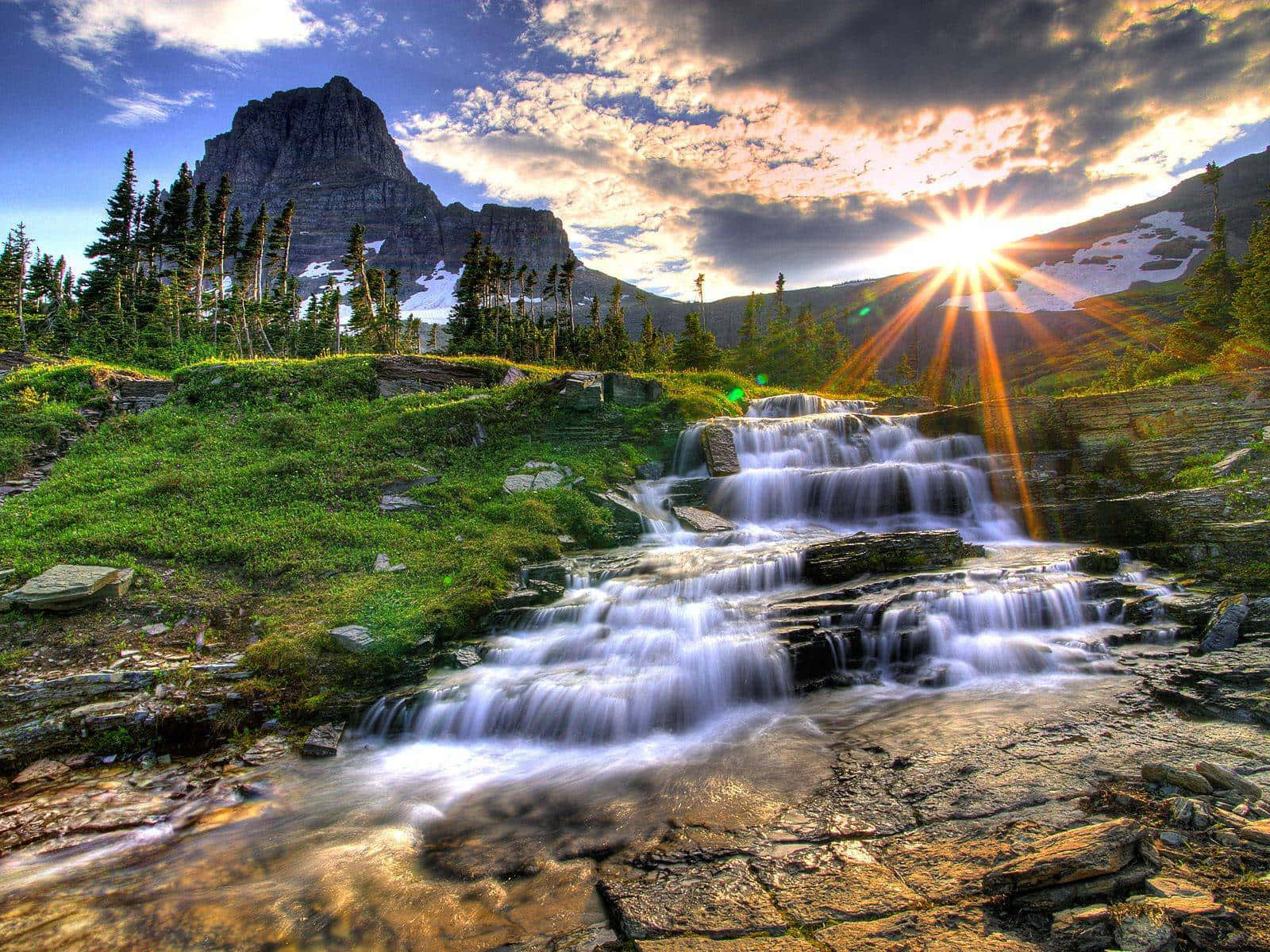 Sunset Mountain Waterfall Landscape Wallpaper