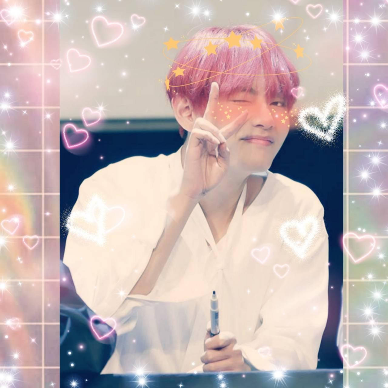 Taehyung Cute Neon Hearts Wallpaper