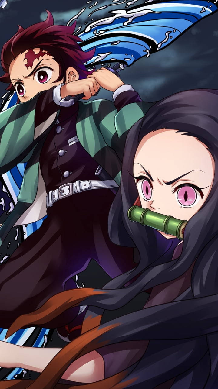 Tanjiro And Nezuko Sword Wave Fight Wallpaper