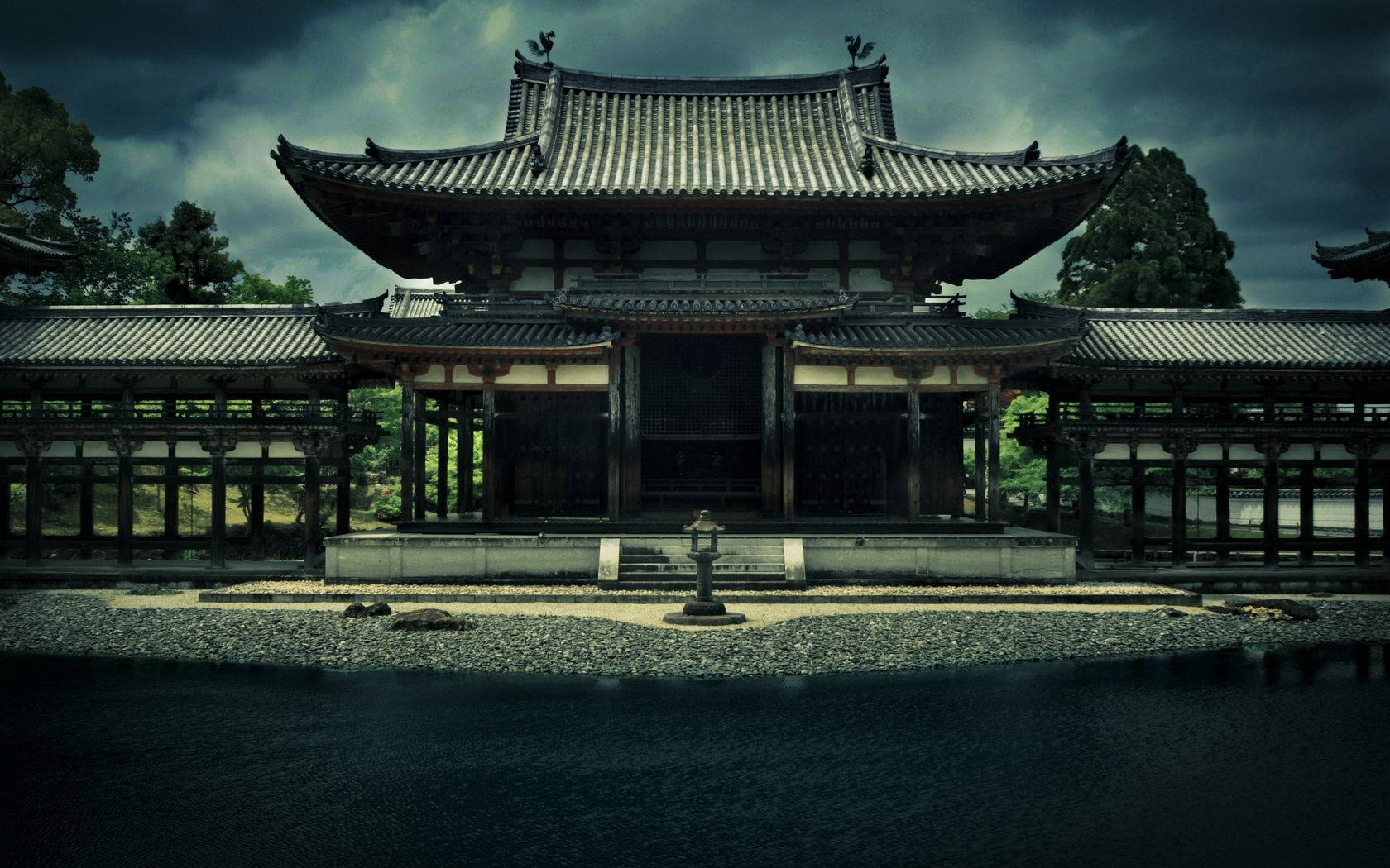 Temple, Phoenix Ensemble, Bedoin, Japan, Kyoto, Architecture, Building, Pond, Trees, Overcast, Sky Wallpaper