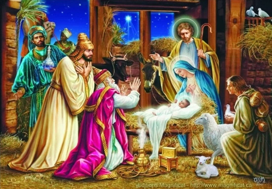 The Holy Nativity Scene With Biblical Visitors Wallpaper