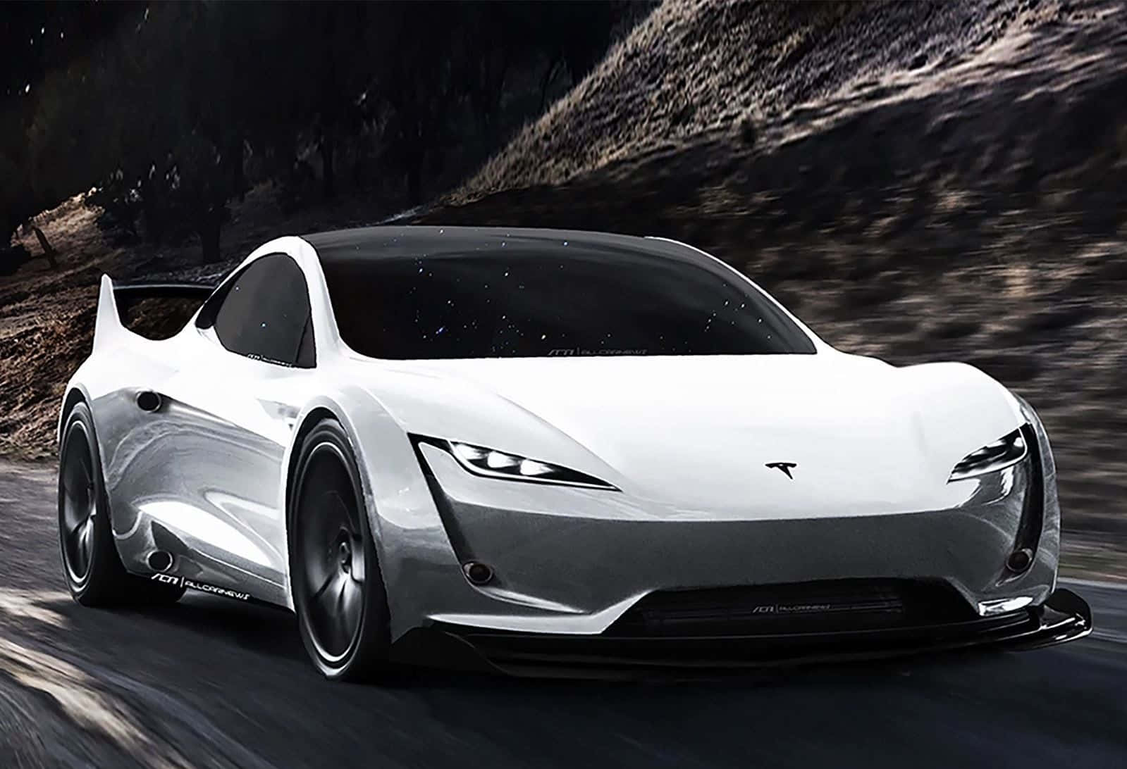 The Revolutionary Tesla Roadster Unveiled Under The Night Sky Wallpaper