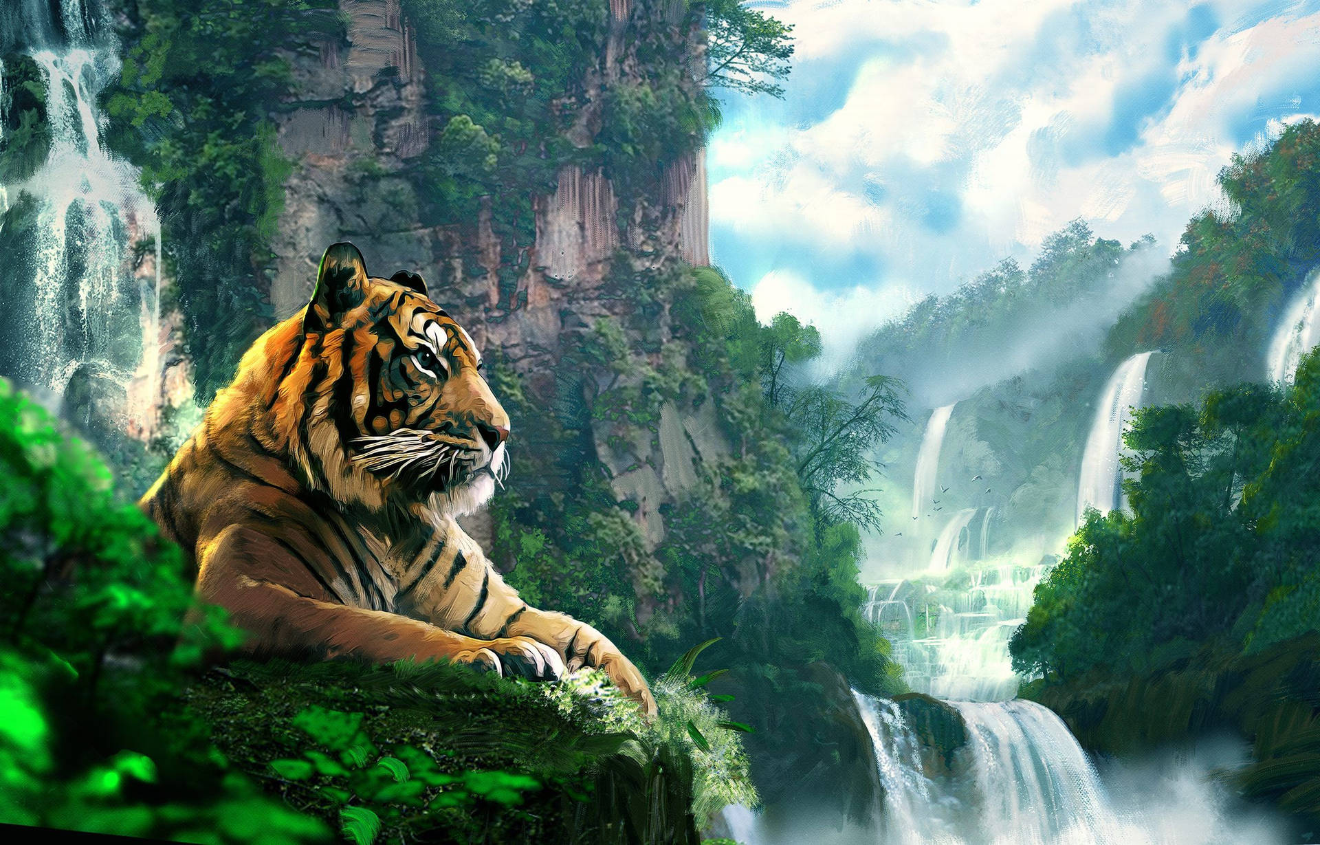 Tiger Near Waterfalls Painting Wallpaper