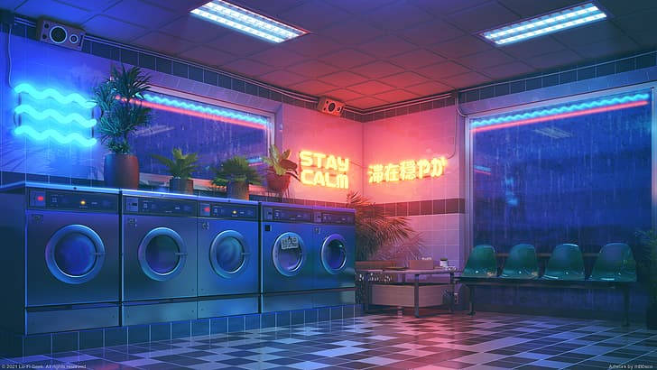 Tranquil Cityscape With Retro 4k Lo-fi Vibe Laundry Shop Wallpaper